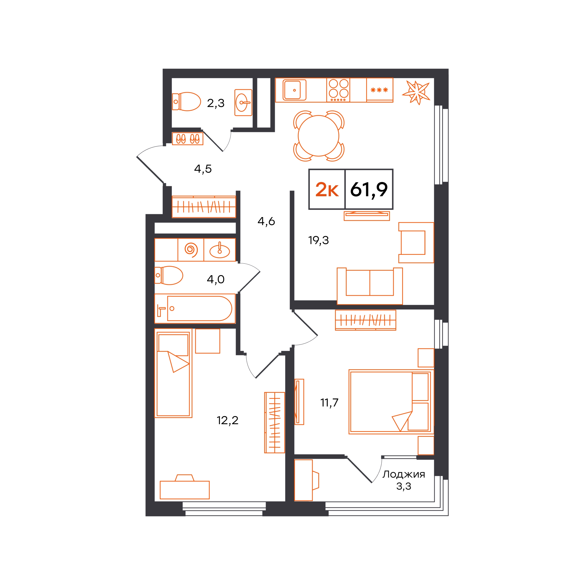 Планировка: Евротрешка 61.9 м² в ЖК Отличие, Комарово Парк