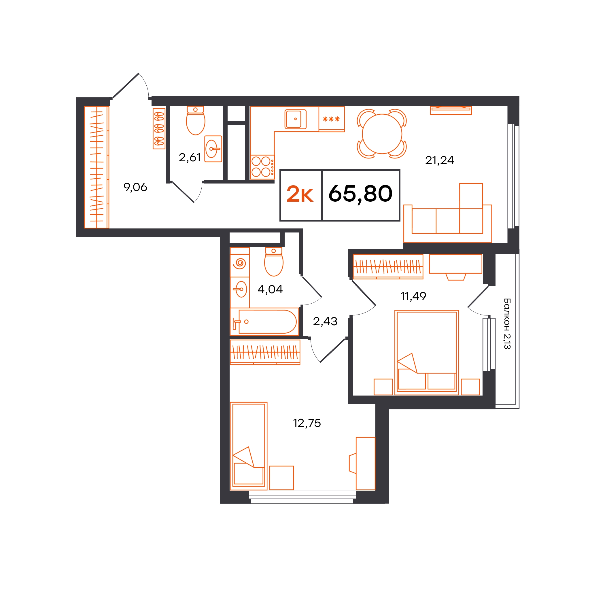 Планировка: Евротрешка 65.8 м² в ЖК Отличие, Комарово Парк