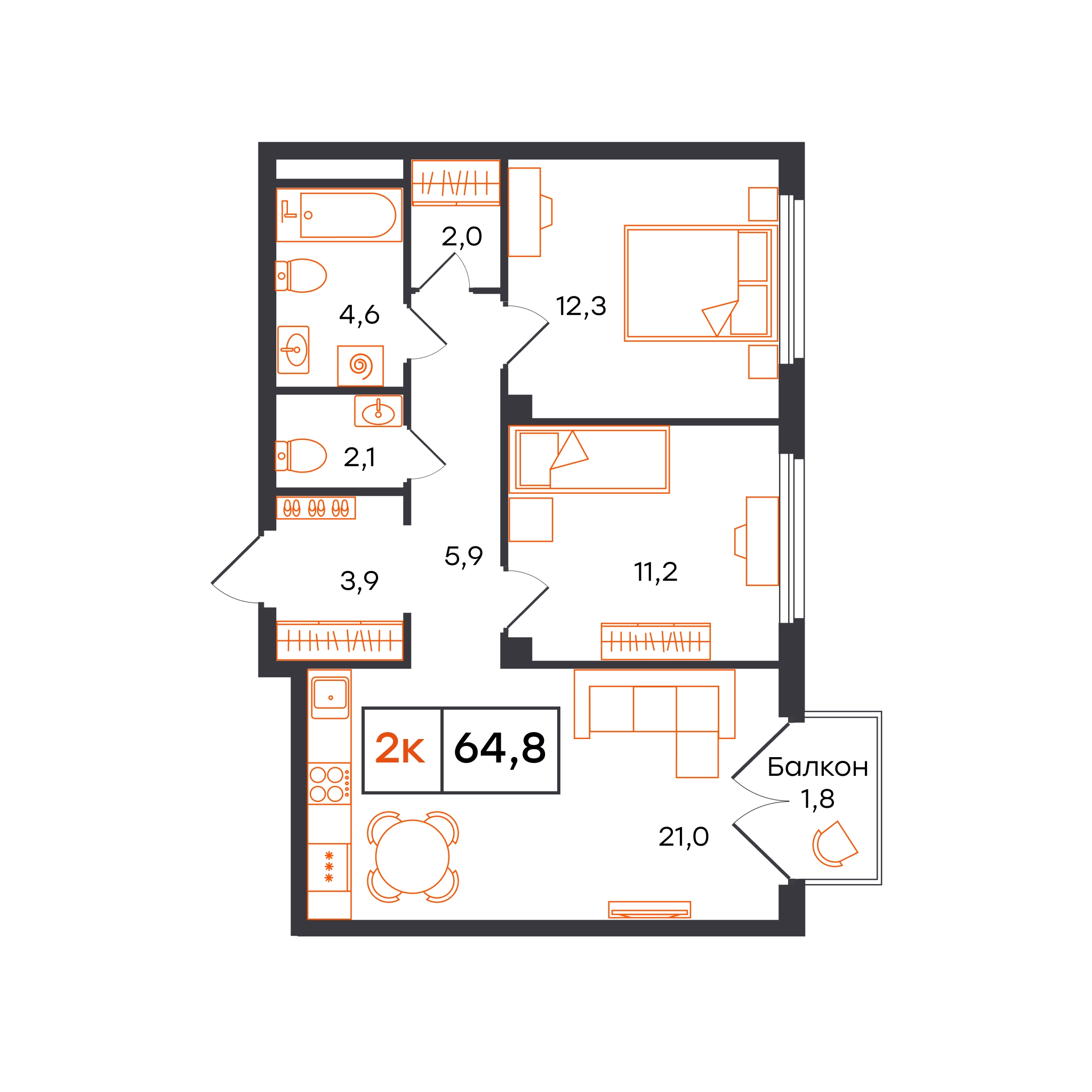 Планировка: Евротрешка 64.8 м² в ЖК Отличие, Комарово Парк