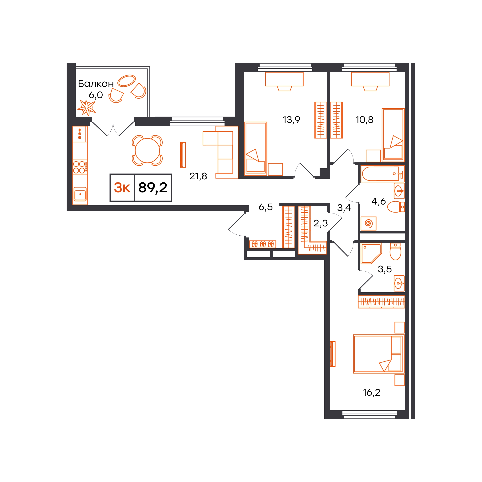 Планировка: 4-комнатная евро 89.2 м² в ЖК Отличие, Комарово Парк