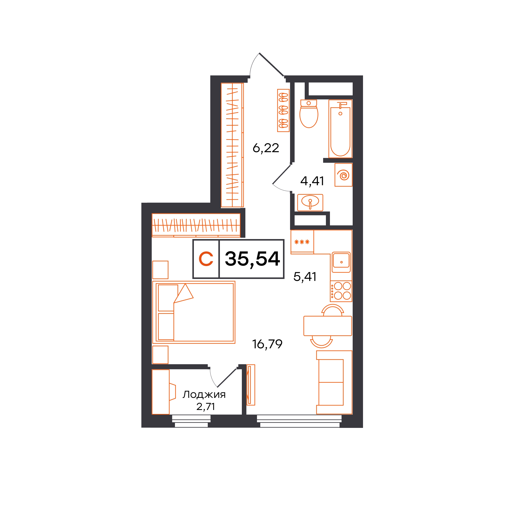 Планировка: Студия 35.5 м² в ЖК Отличие, Комарово Парк