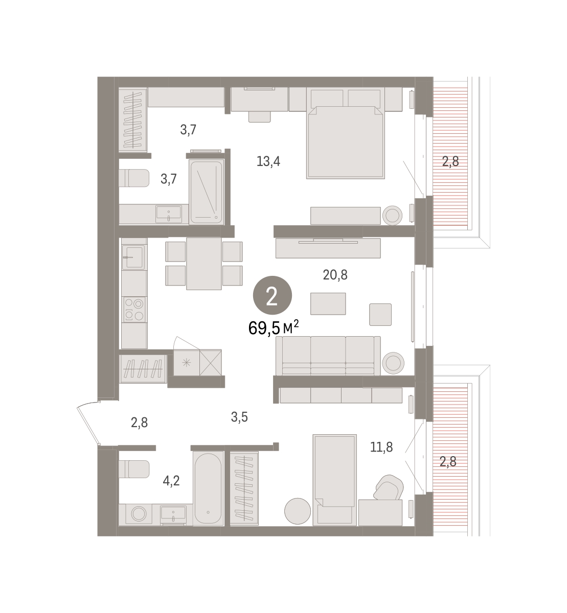 Планировка: 2-комнатная 69.5 м² в ЖК На Минской, Центр: Драмтеатр