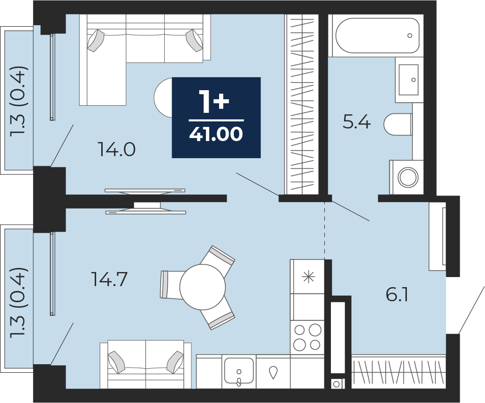 Планировка: Евродвушка 42.8 м² в ЖК Мириады, Мыс