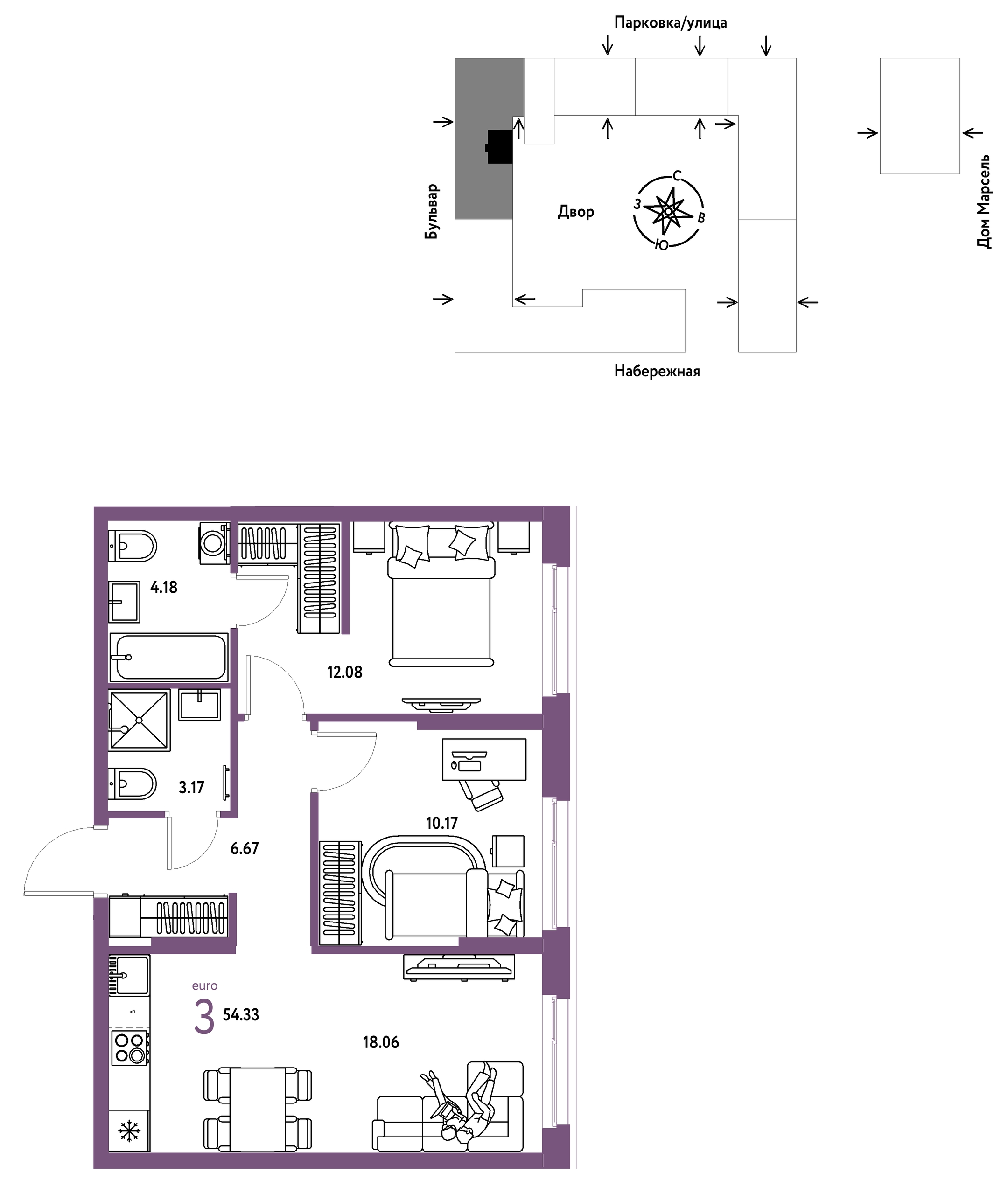 Планировка: Евротрешка 54.3 м² в ЖК Европейский берег 2.0, Европейский