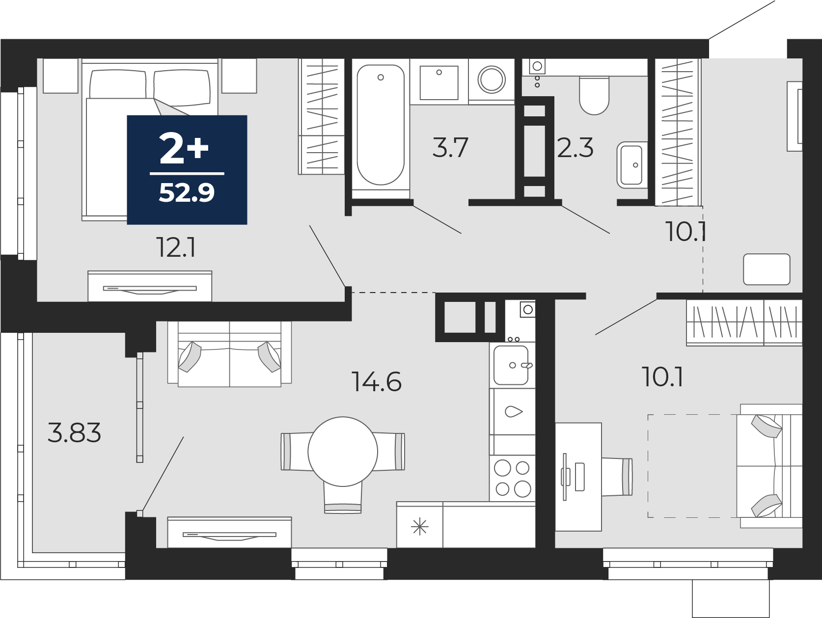 Планировка: Евротрешка 57.7 м² в ЖК Прео, Тюменская слобода