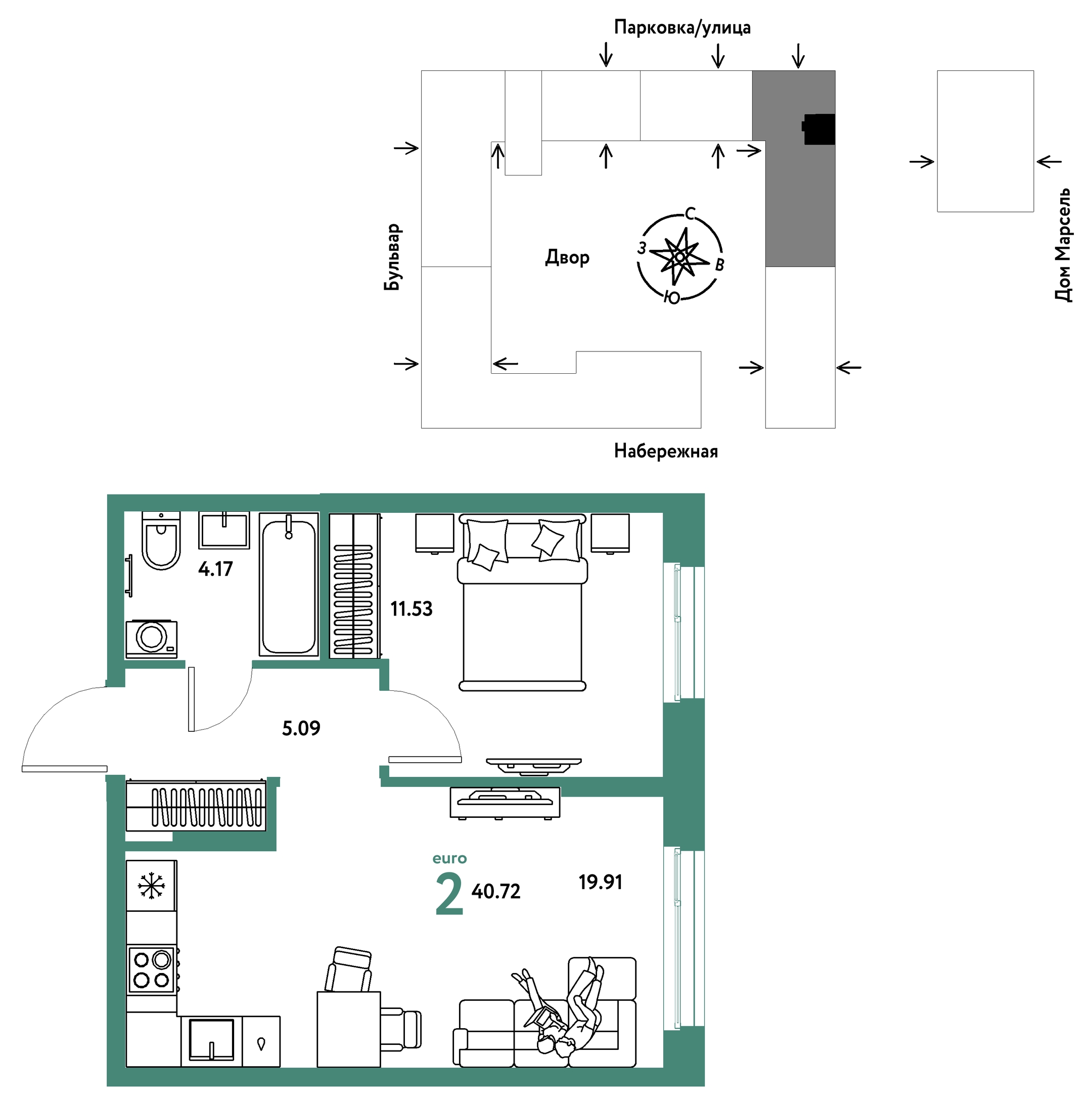 Планировка: Евродвушка 40.7 м² в ЖК Европейский берег 2.0, Европейский