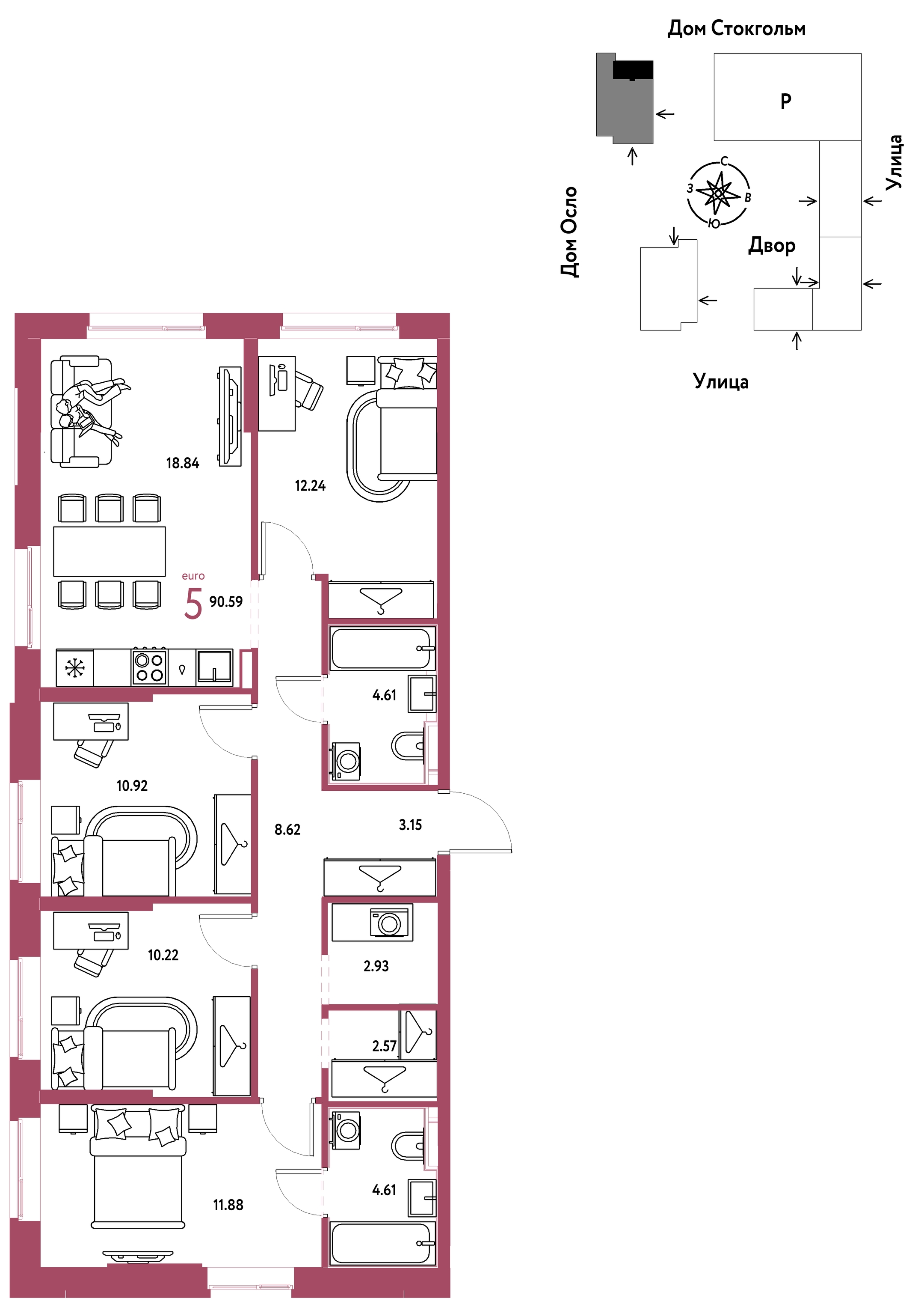 Планировка: 5-комнатная евро 90.6 м² в ЖК Европейский берег 2.0, Европейский