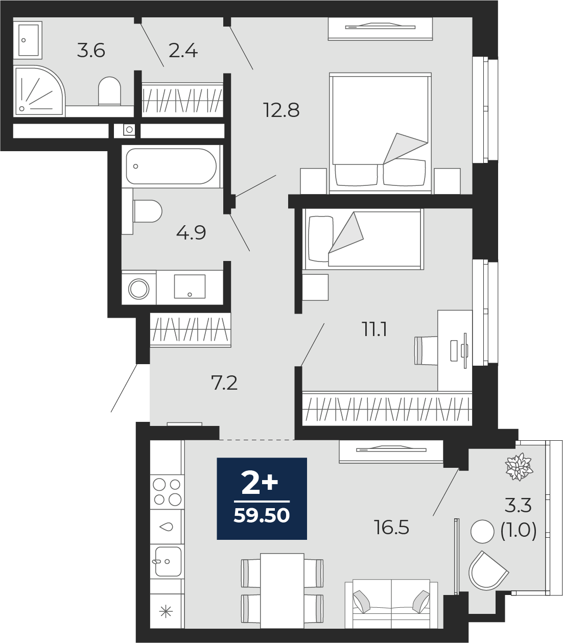 Планировка: Евротрешка 61.8 м² в ЖК Мириады, Мыс