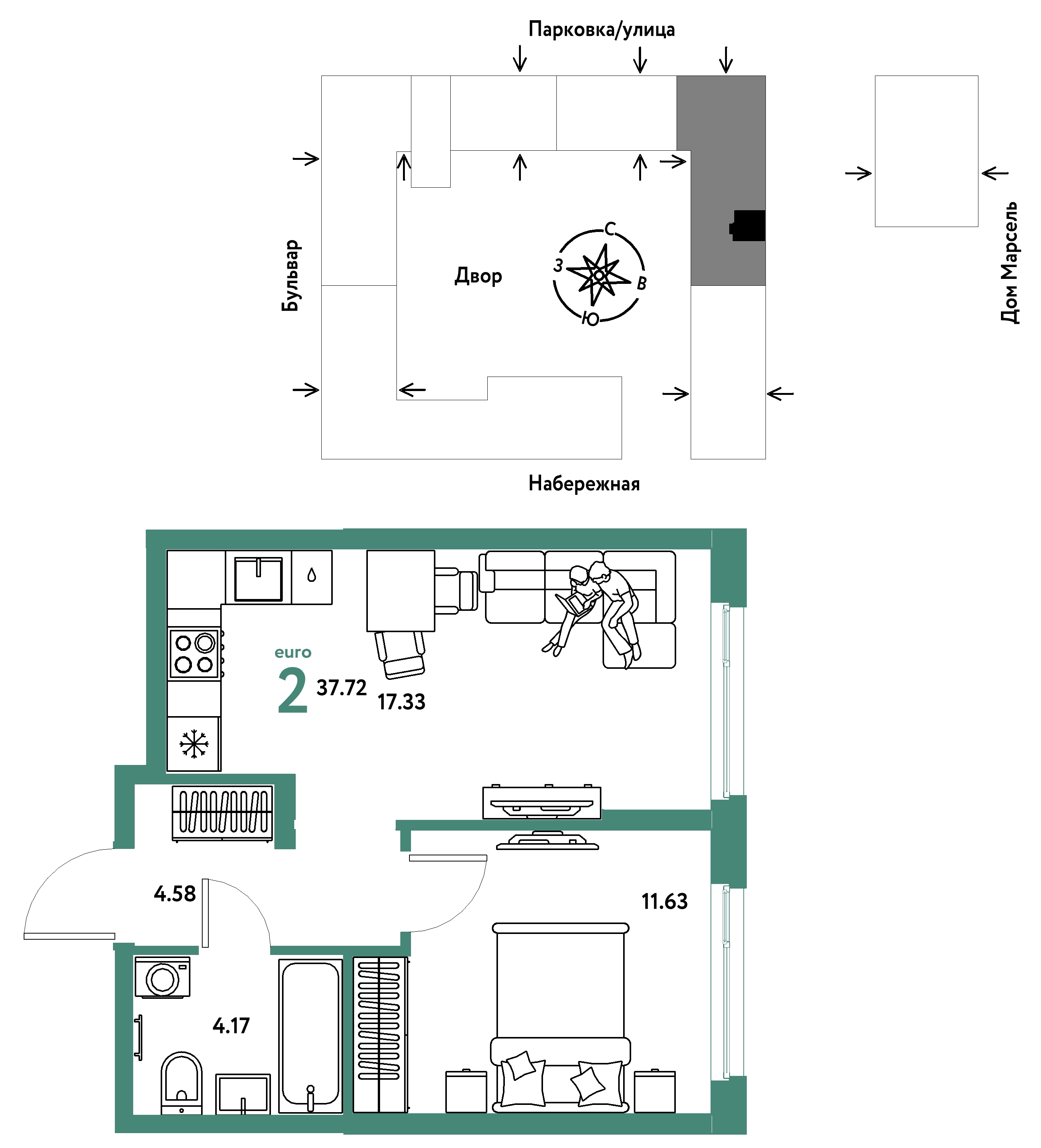Планировка: Евродвушка 37.7 м² в ЖК Европейский берег 2.0, Европейский