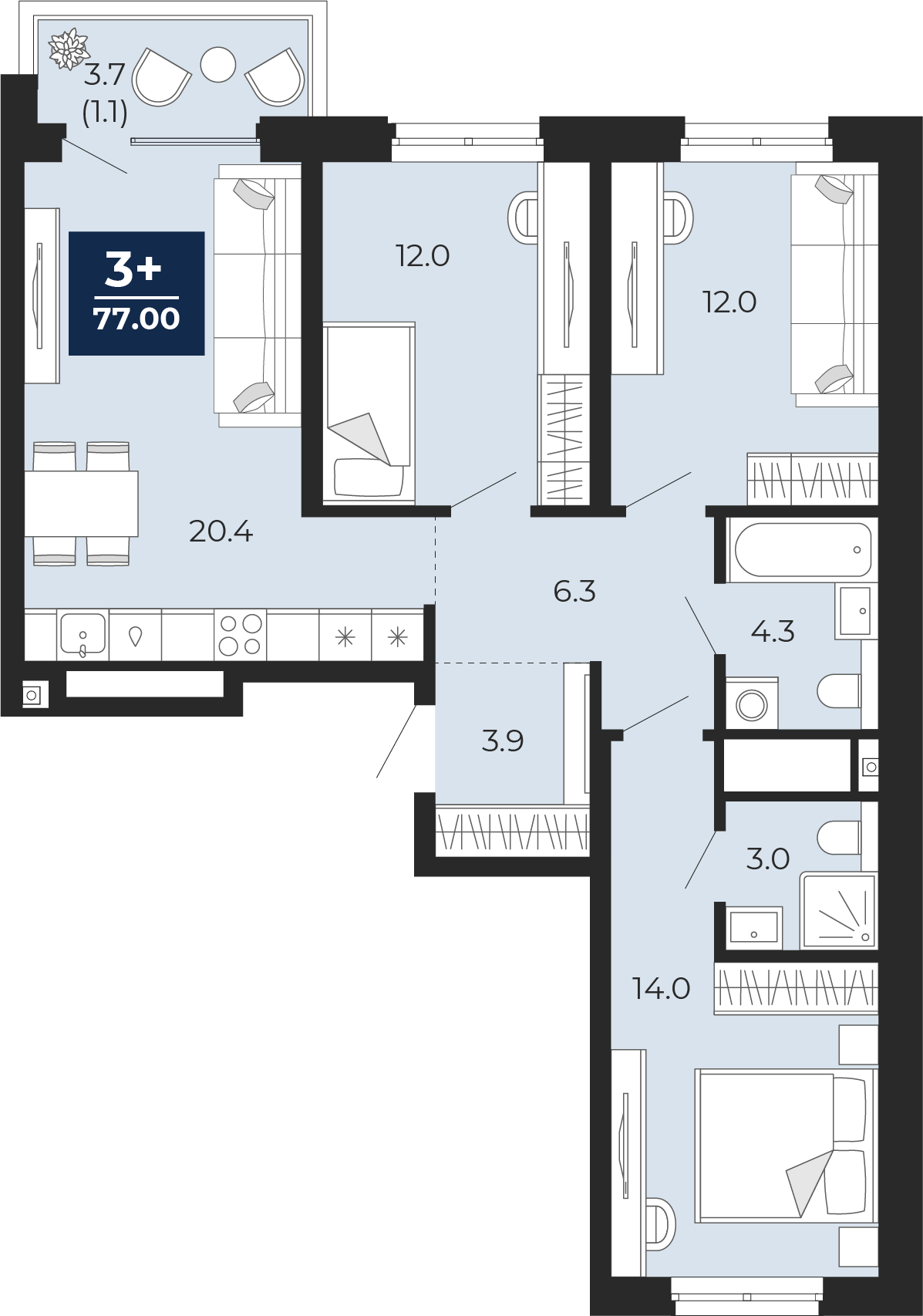 Планировка: 4-комнатная евро 79.6 м² в ЖК Мириады, Мыс