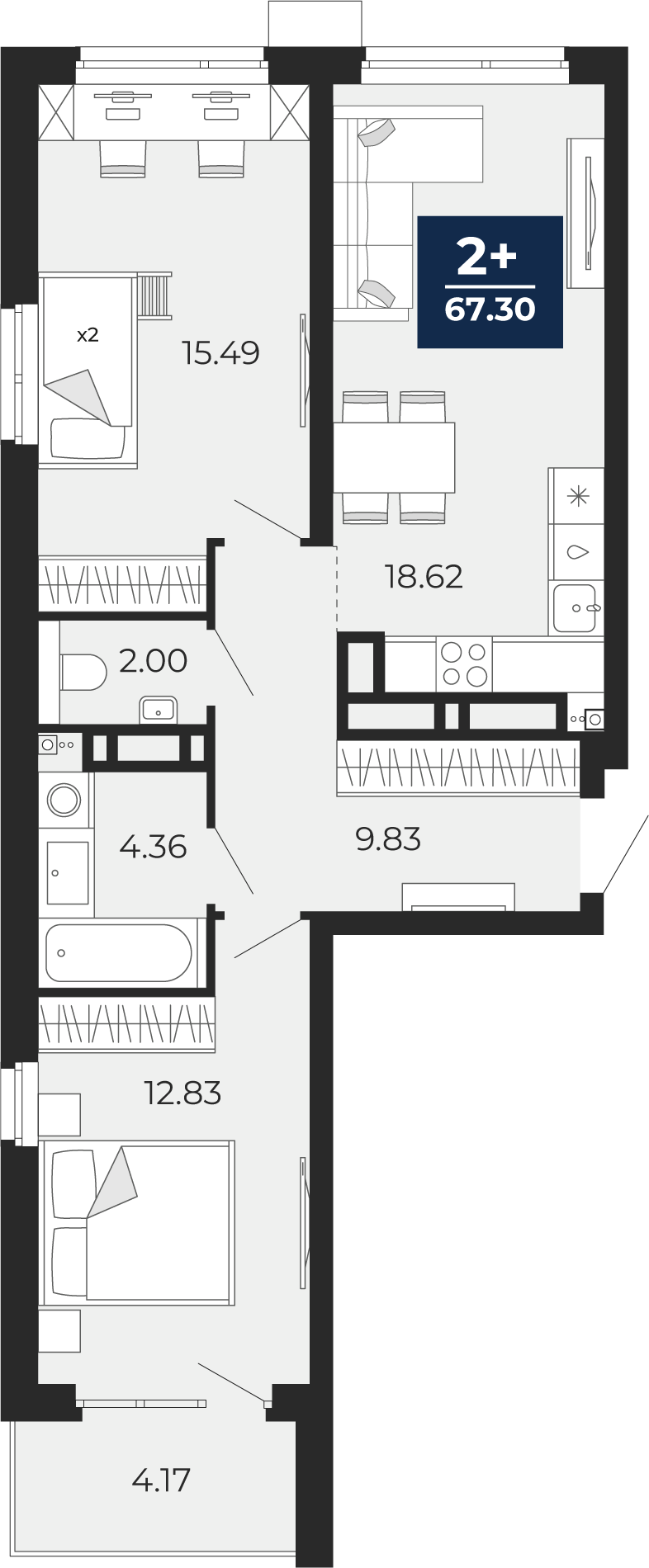 Планировка: Евротрешка 67.3 м² в ЖК Прео, Тюменская слобода