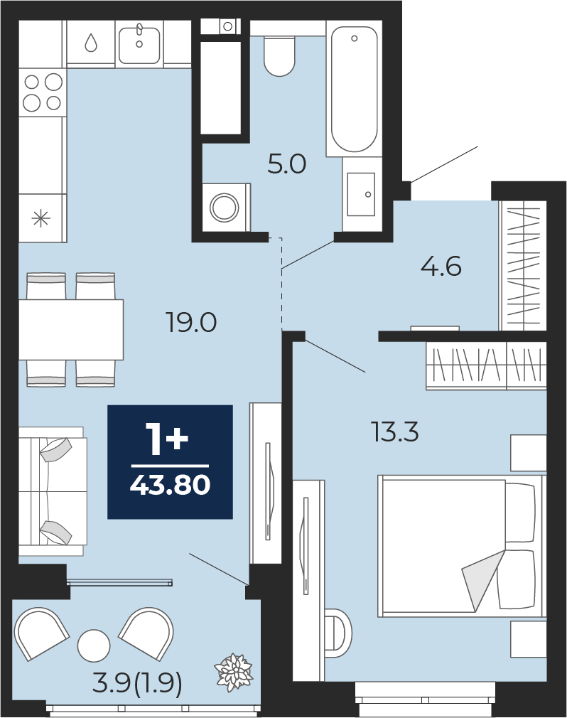 Планировка: Евродвушка 45.7 м² в ЖК Мириады, Мыс