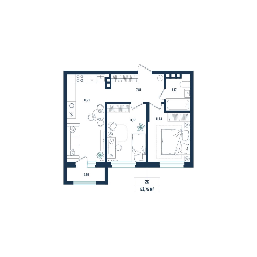 Планировка: Евротрешка 53.8 м² в ЖК Смородина, ЖК Смородина