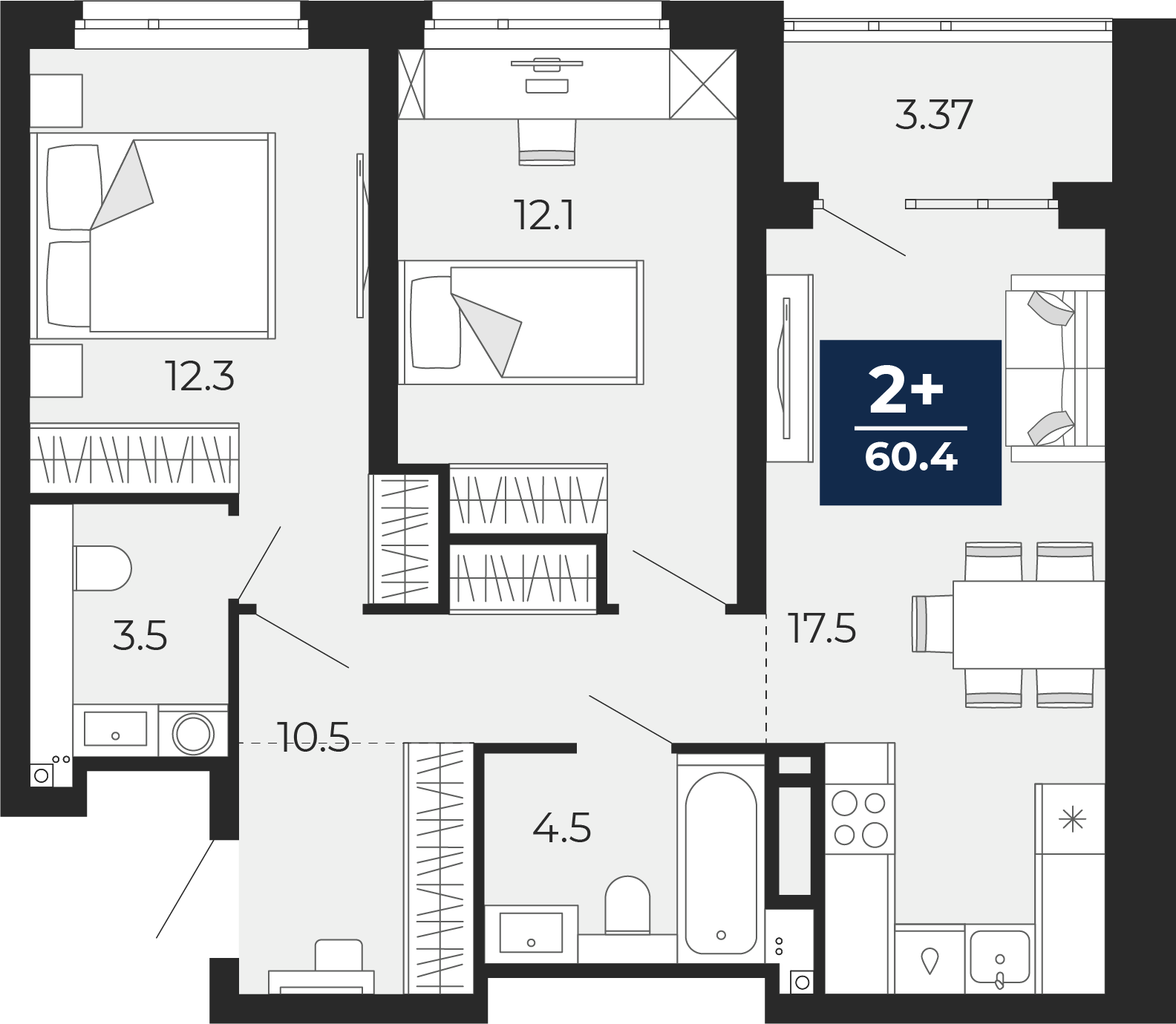 Планировка: Евротрешка 64.9 м² в ЖК Прео, Тюменская слобода
