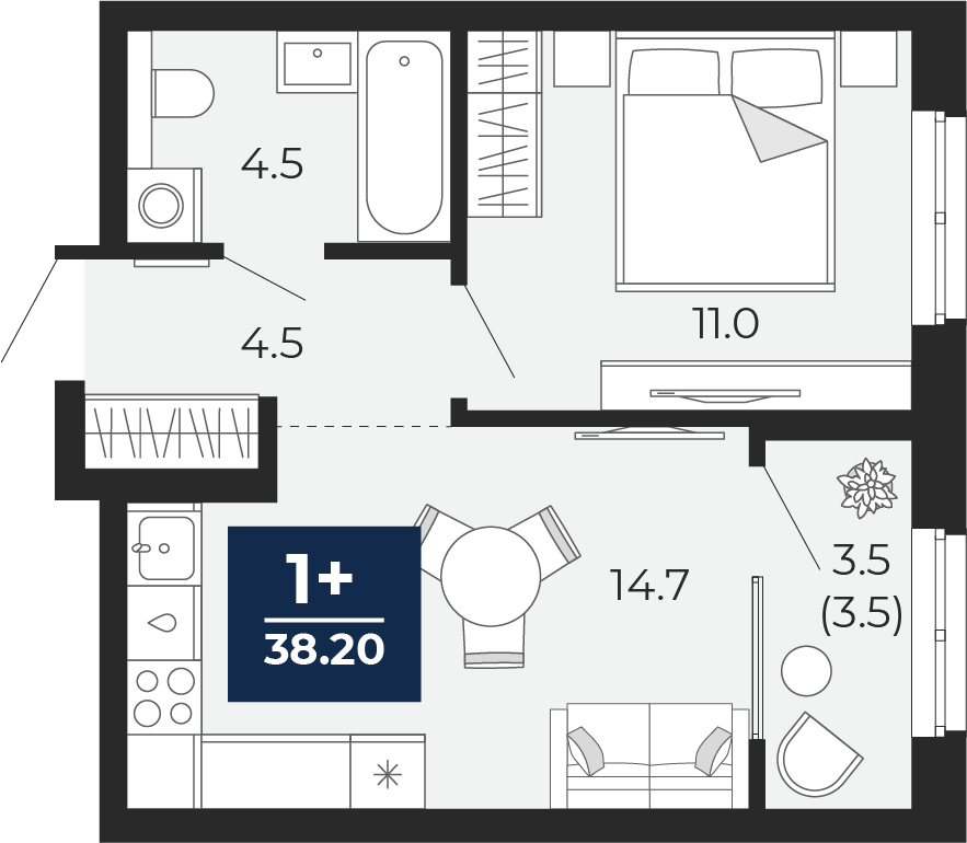 Планировка: Евродвушка 38.2 м² в ЖК Мириады, Мыс