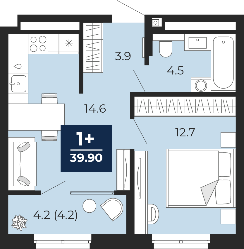 Планировка: Евродвушка 39.9 м² в ЖК Мириады, Мыс