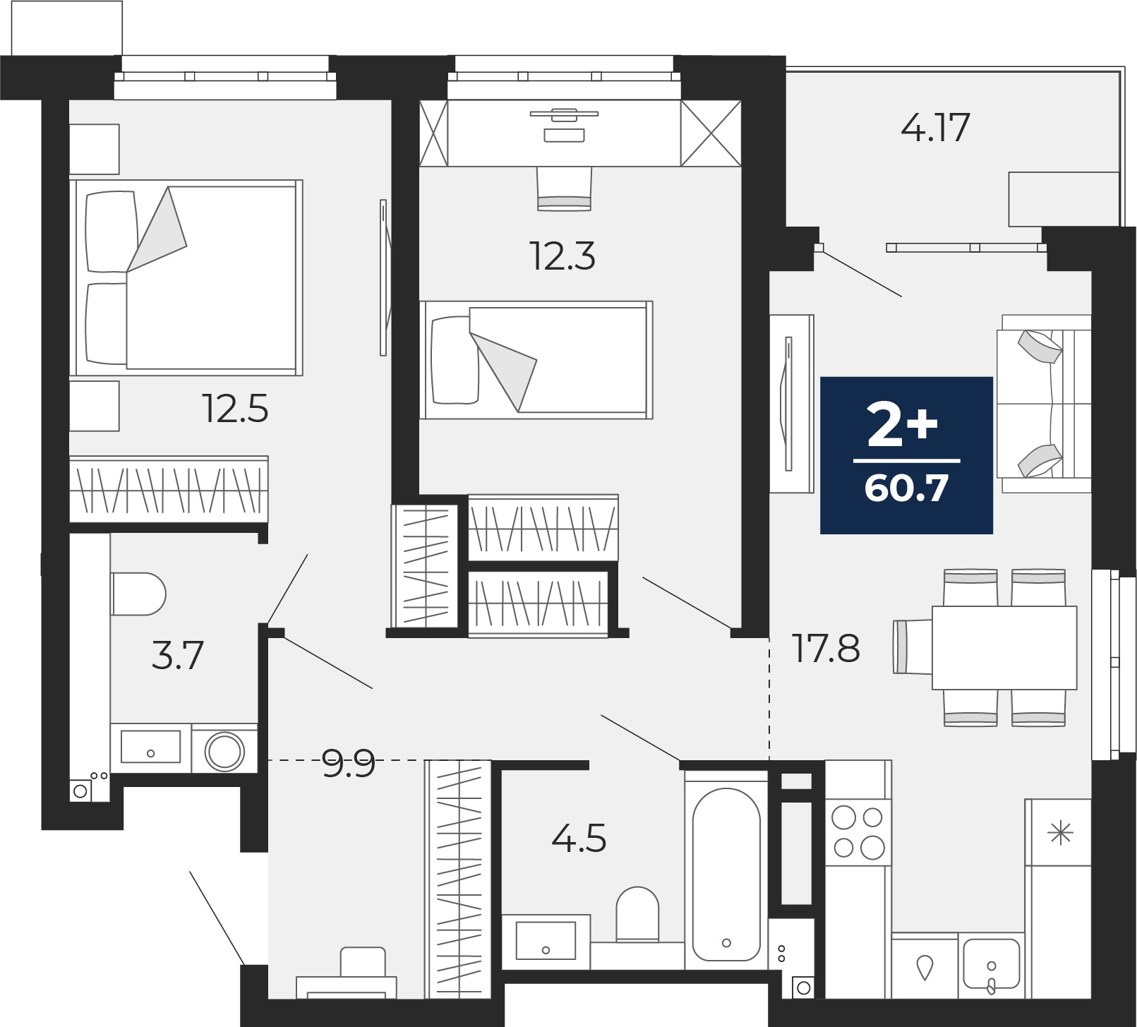Планировка: Евротрешка 65.7 м² в ЖК Прео, Тюменская слобода