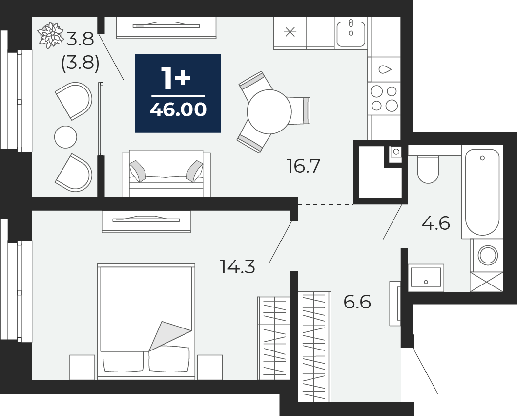Планировка: Евродвушка 46 м² в ЖК Мириады, Мыс