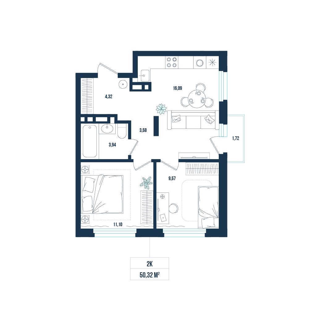 Планировка: Евротрешка 50.3 м² в ЖК Смородина, Мелиораторов