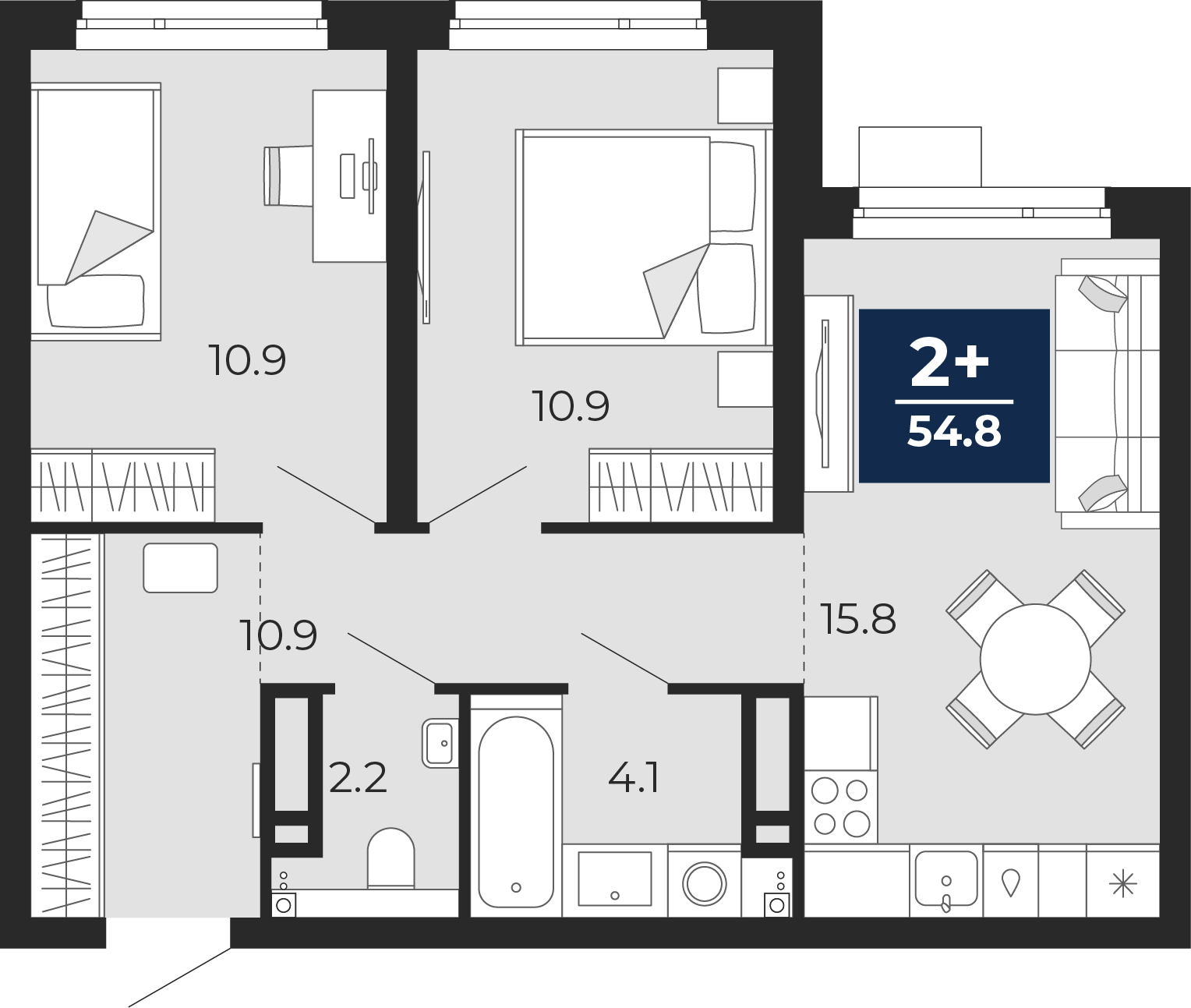 Планировка: Евротрешка 56.1 м² в ЖК Прео, Тюменская слобода