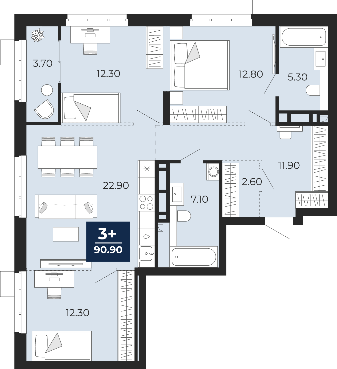 Планировка: 4-комнатная евро 90.9 м² в ЖК Айвазовский, 5-й Заречный
