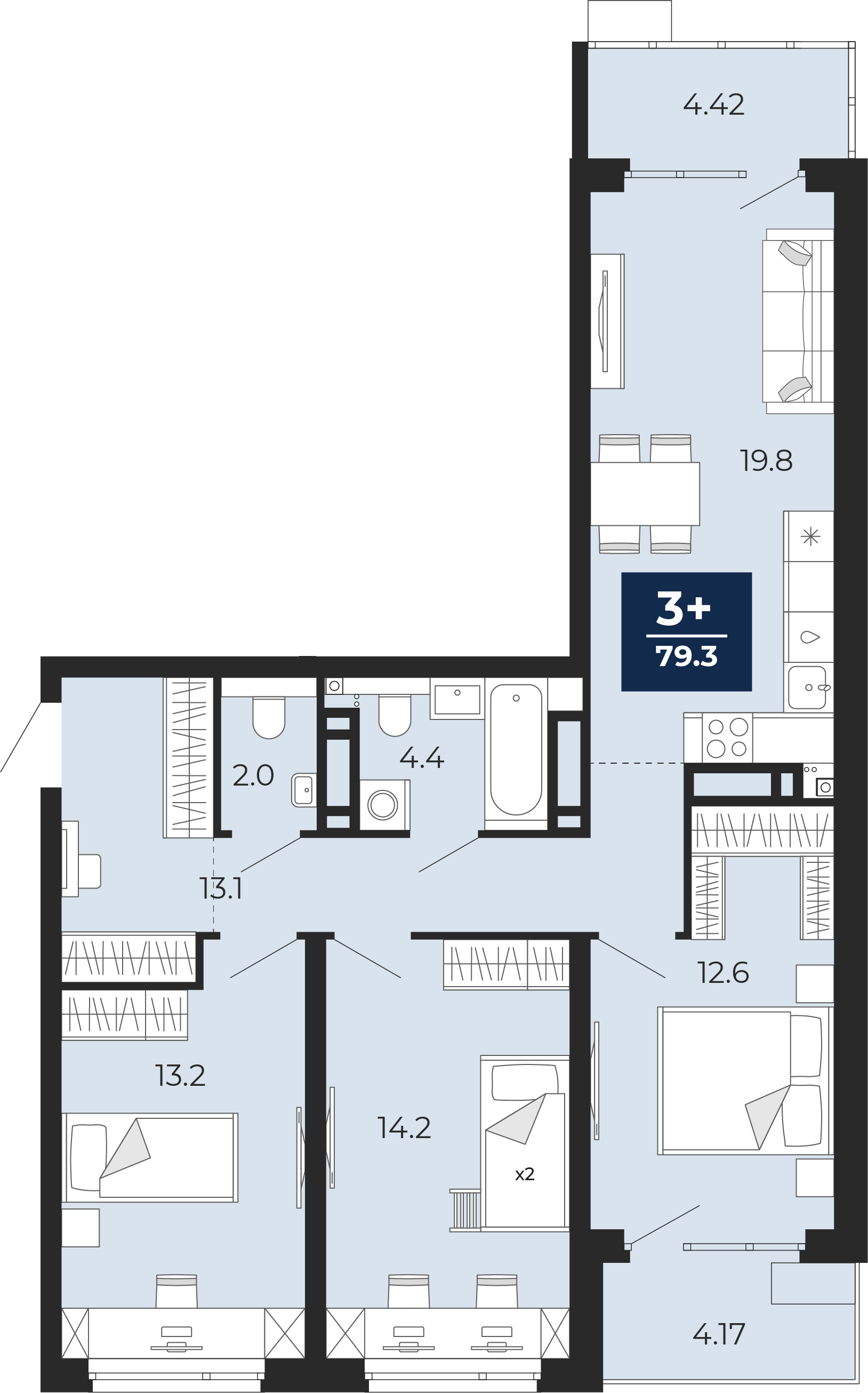 Планировка: 4-комнатная евро 89.3 м² в ЖК Прео, Тюменская слобода