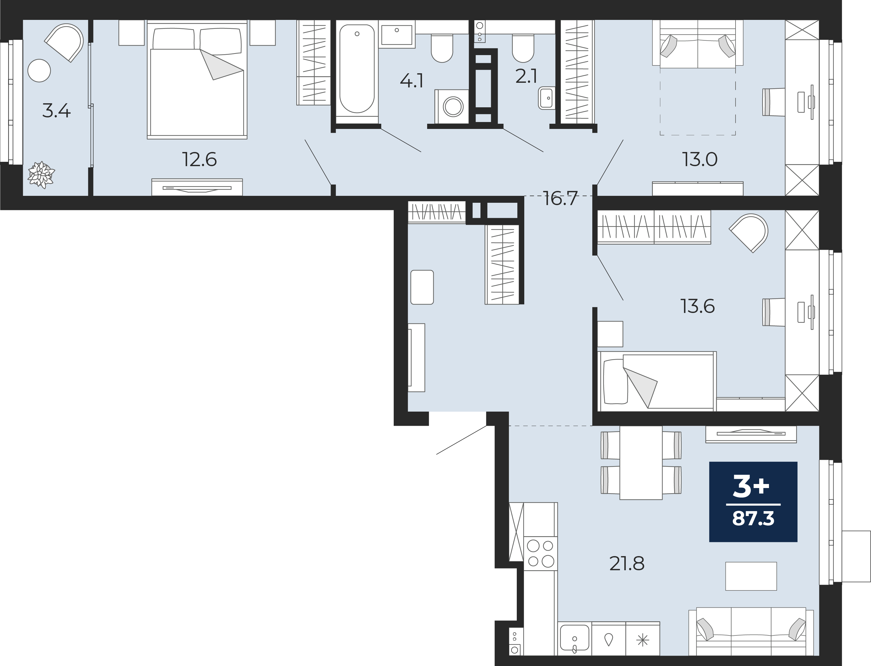 Планировка: 4-комнатная евро 89.2 м² в ЖК Беринг, Лесобаза
