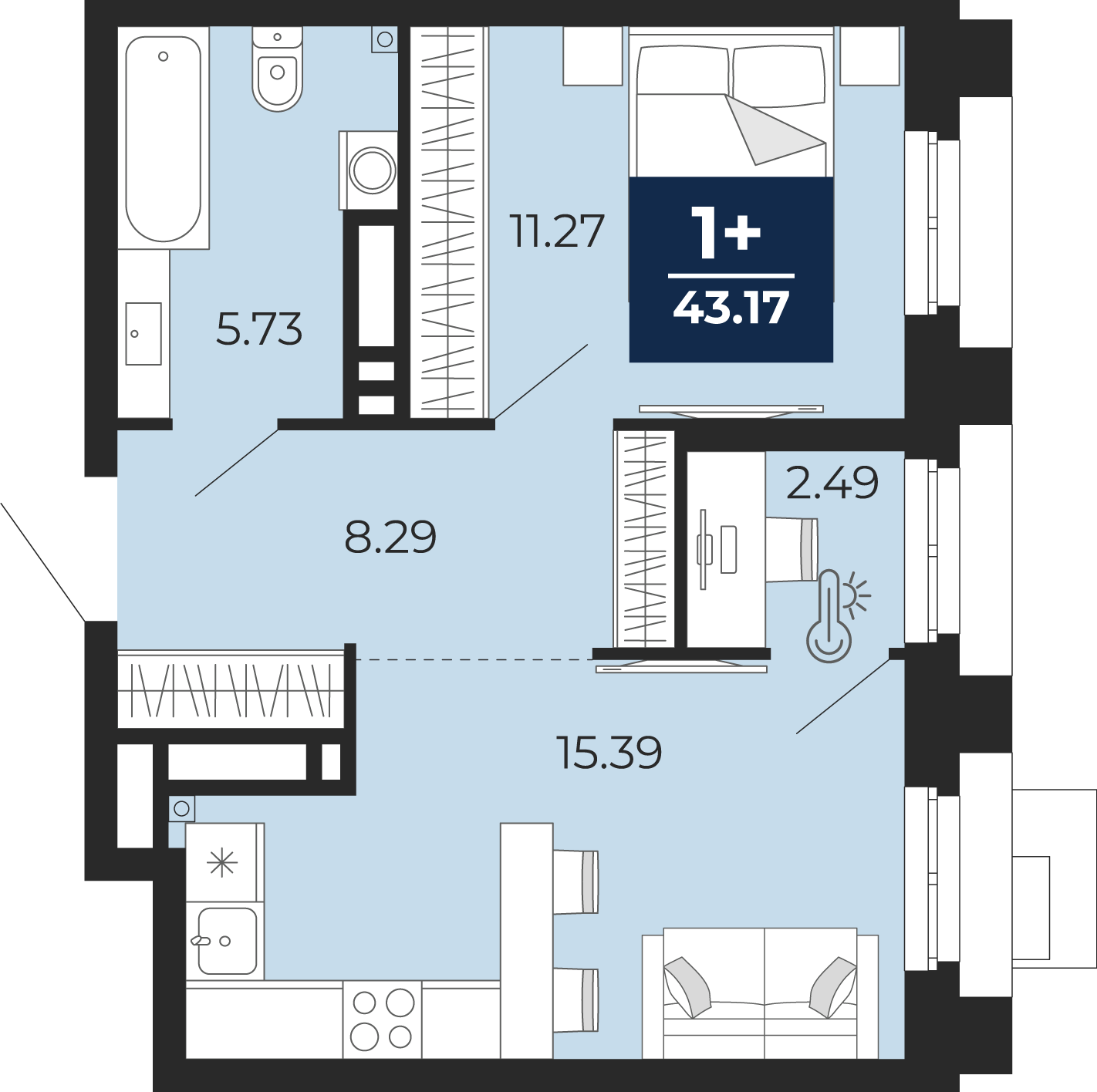 Планировка: 1-комнатная 43.2 м² в ЖК Айвазовский, 5-й Заречный