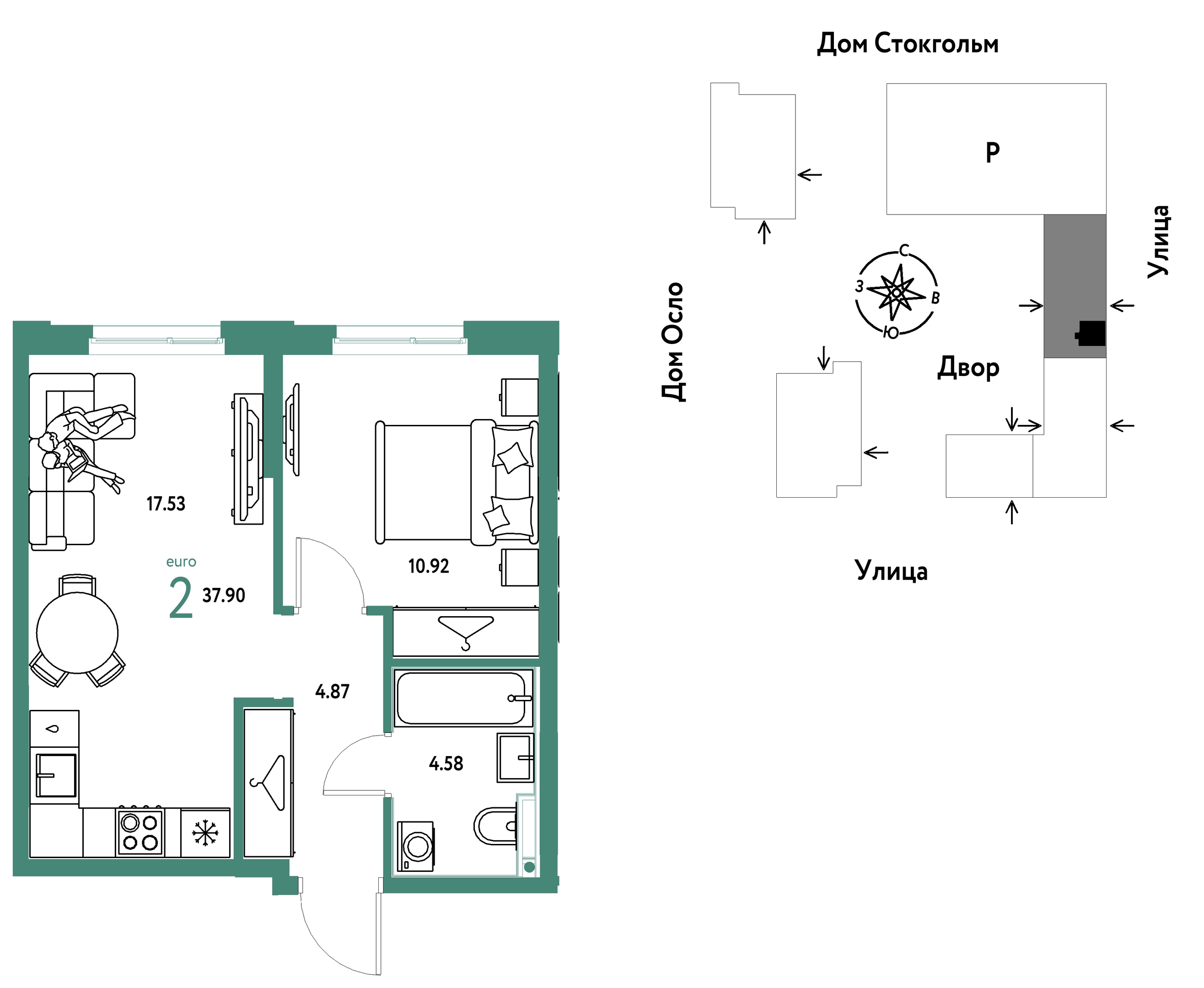 Планировка: Евродвушка 37.9 м² в ЖК Европейский берег 2.0, Европейский