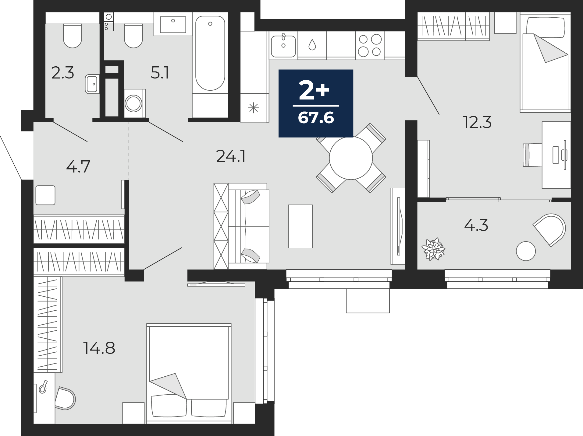 Планировка: Евротрешка 68.9 м² в ЖК Беринг, Лесобаза