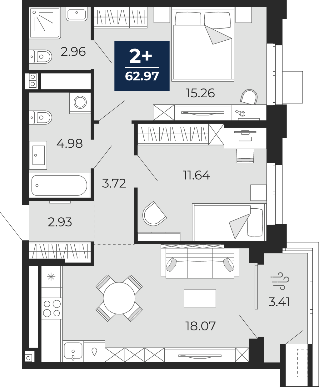 Планировка: Евротрешка 63 м² в ЖК Мириады, Мыс