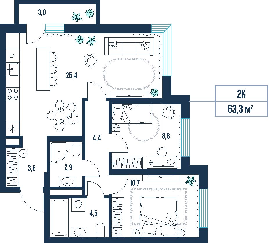 Планировка: 4-комнатная евро 63.3 м² в ЖК AIRIS, Комарово Парк