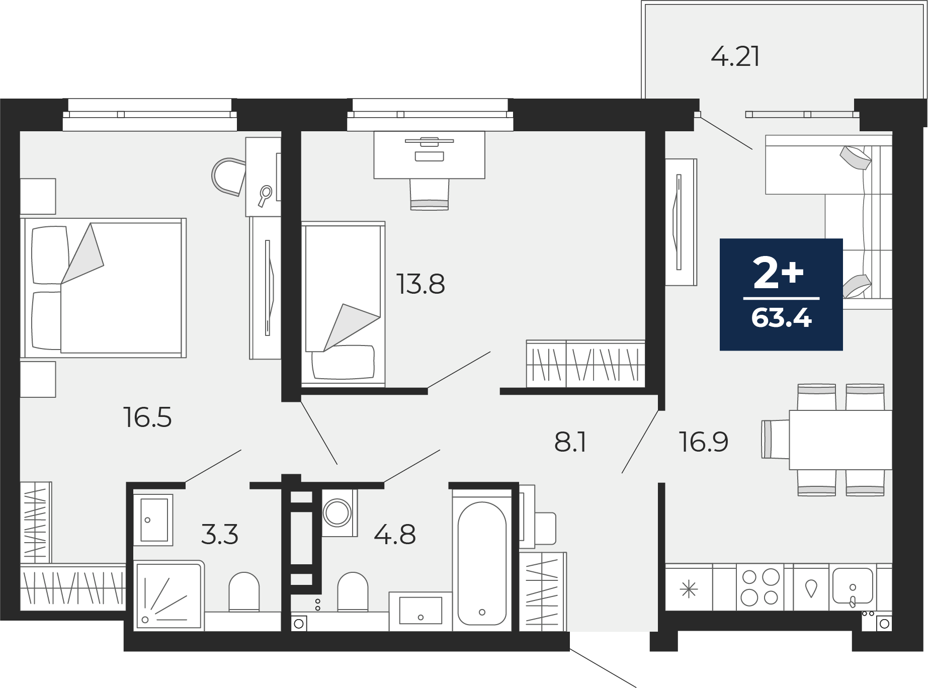 Планировка: Евротрешка 68.7 м² в ЖК Прео, Тюменская слобода