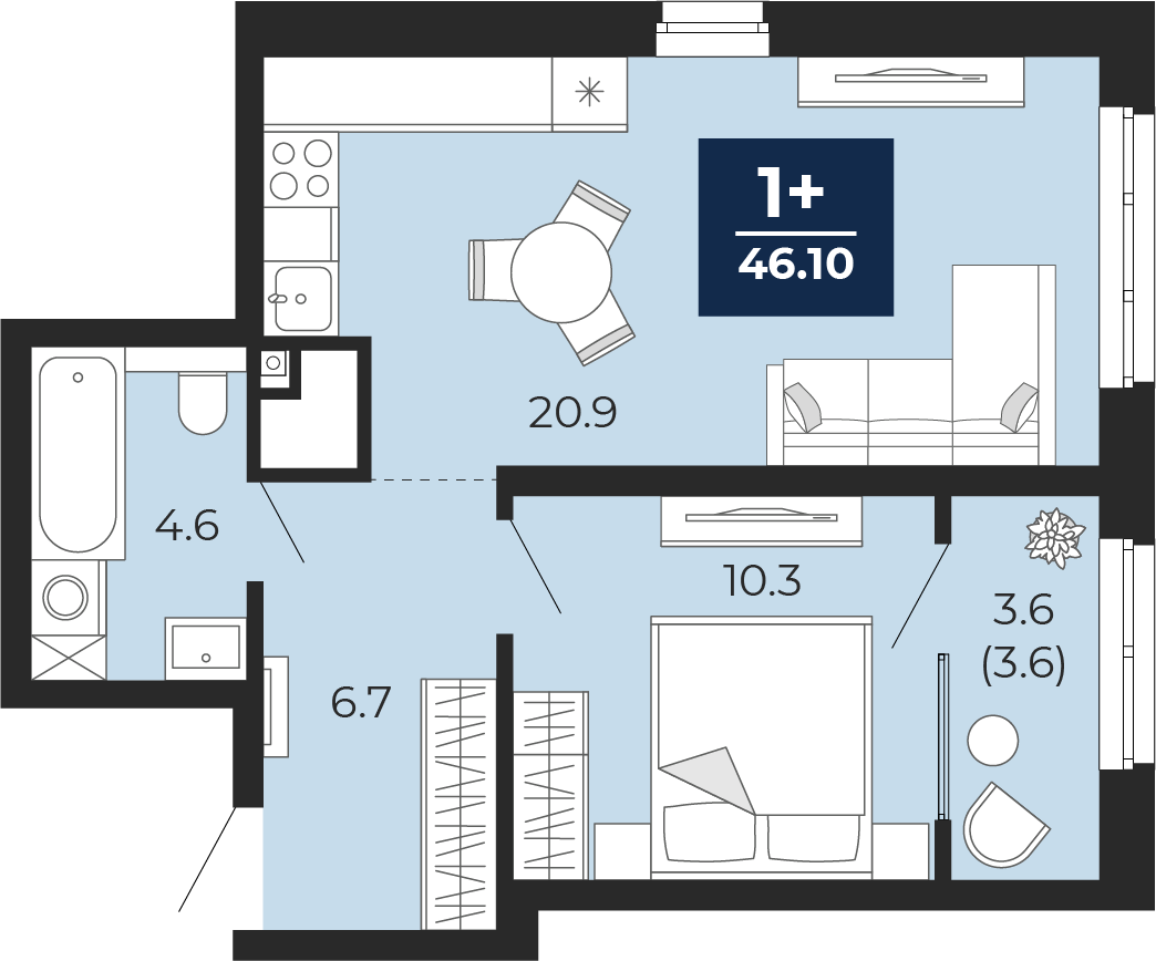 Планировка: Евродвушка 46.1 м² в ЖК Мириады, Мыс