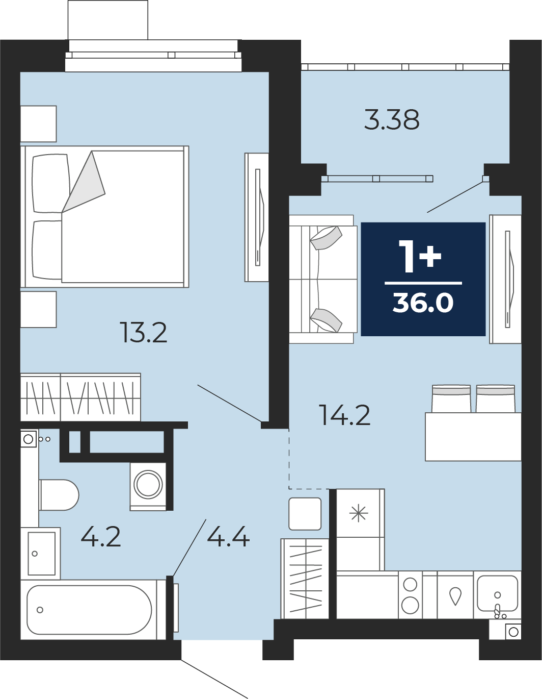 Планировка: Евродвушка 40.1 м² в ЖК Прео, Тюменская слобода