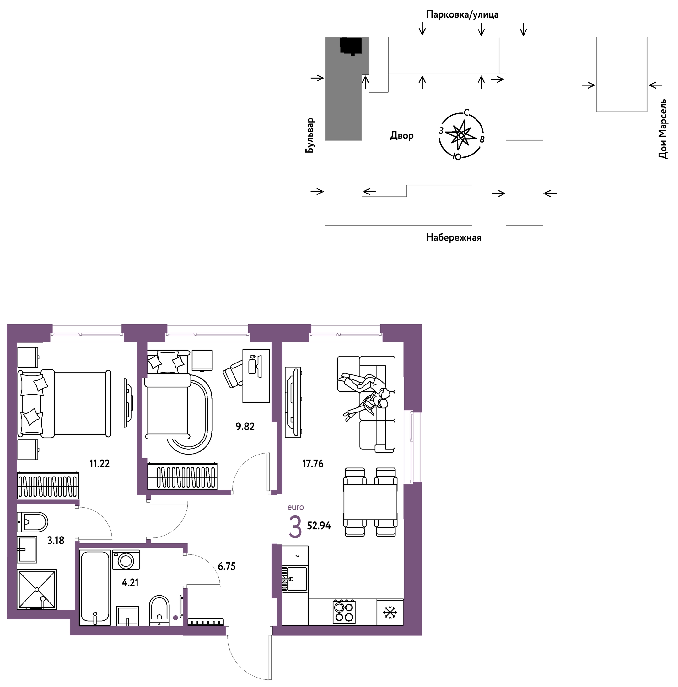 Планировка: Евротрешка 52.9 м² в ЖК Европейский берег 2.0, Европейский
