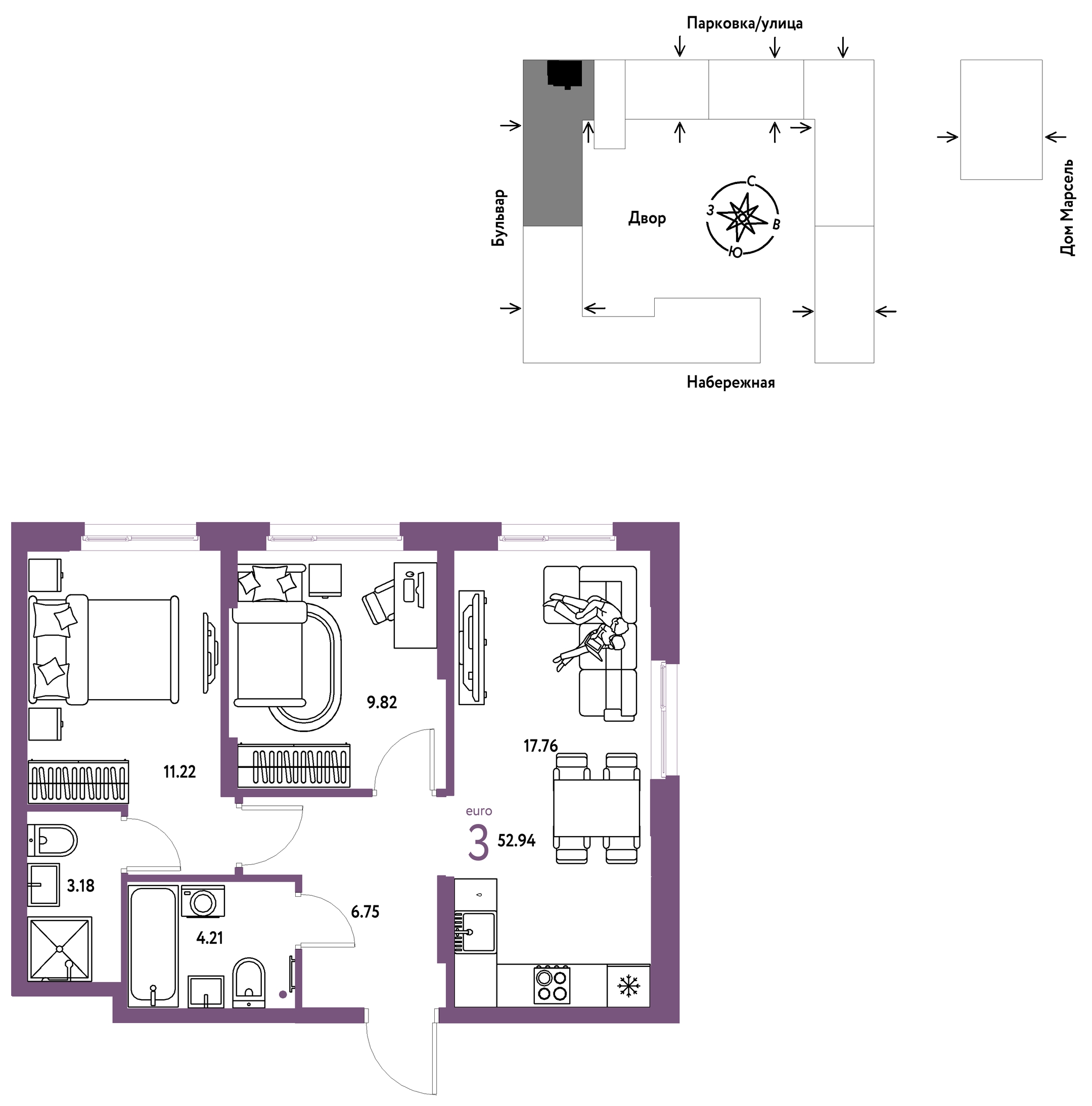 Планировка: Евротрешка 52.9 м² в ЖК Европейский берег 2.0, Европейский