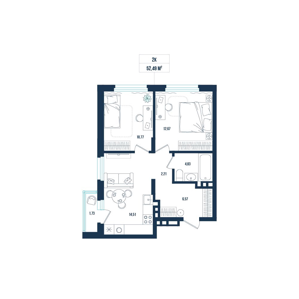 Планировка: Евротрешка 52.5 м² в ЖК Смородина, Мелиораторов