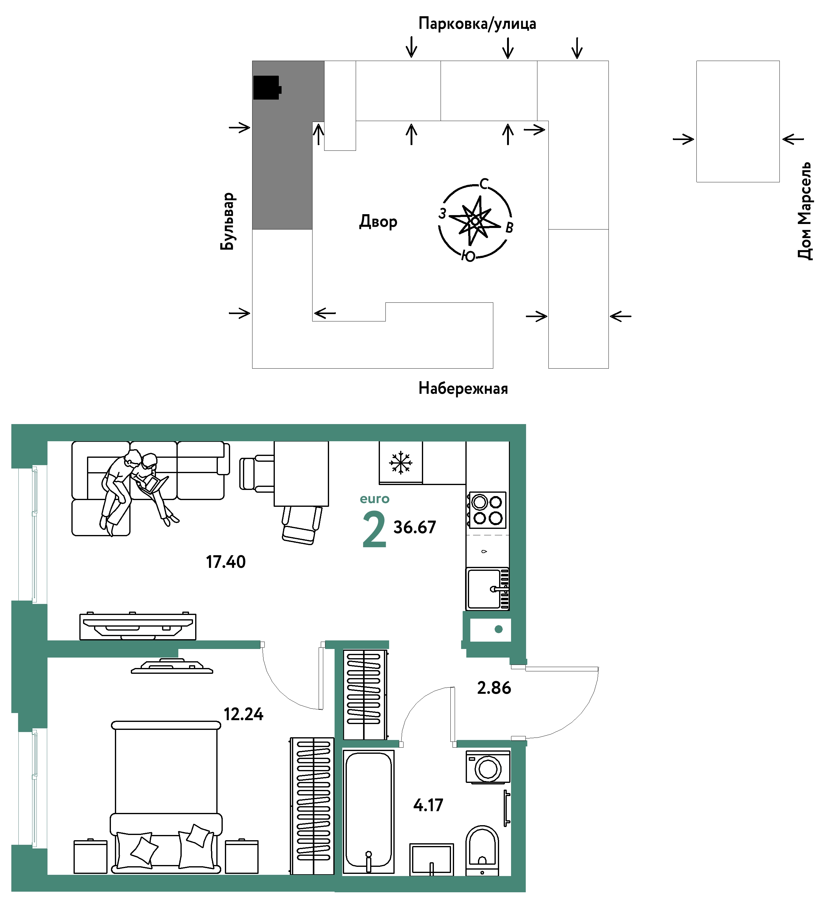 Планировка: Евродвушка 36.7 м² в ЖК Европейский берег 2.0, Европейский