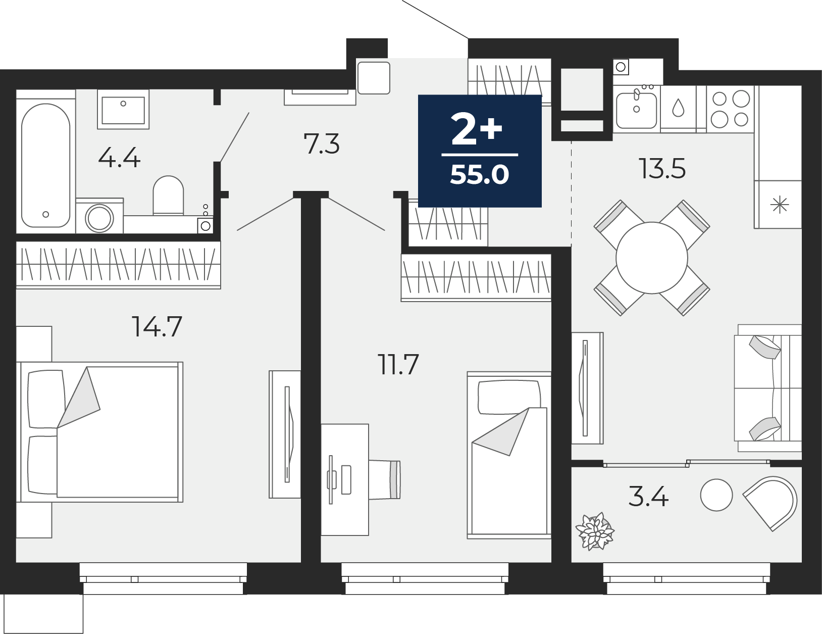 Планировка: Евротрешка 56.4 м² в ЖК Прео, Тюменская слобода