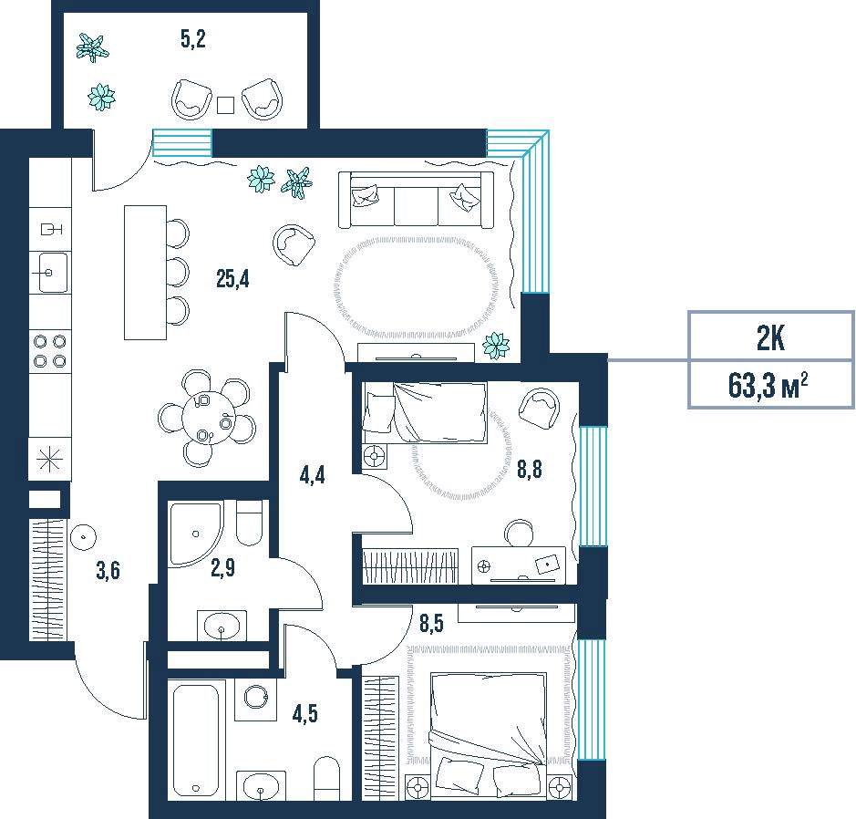 Планировка: 2-комнатная 63.3 м² в ЖК AIRIS, Комарово Парк