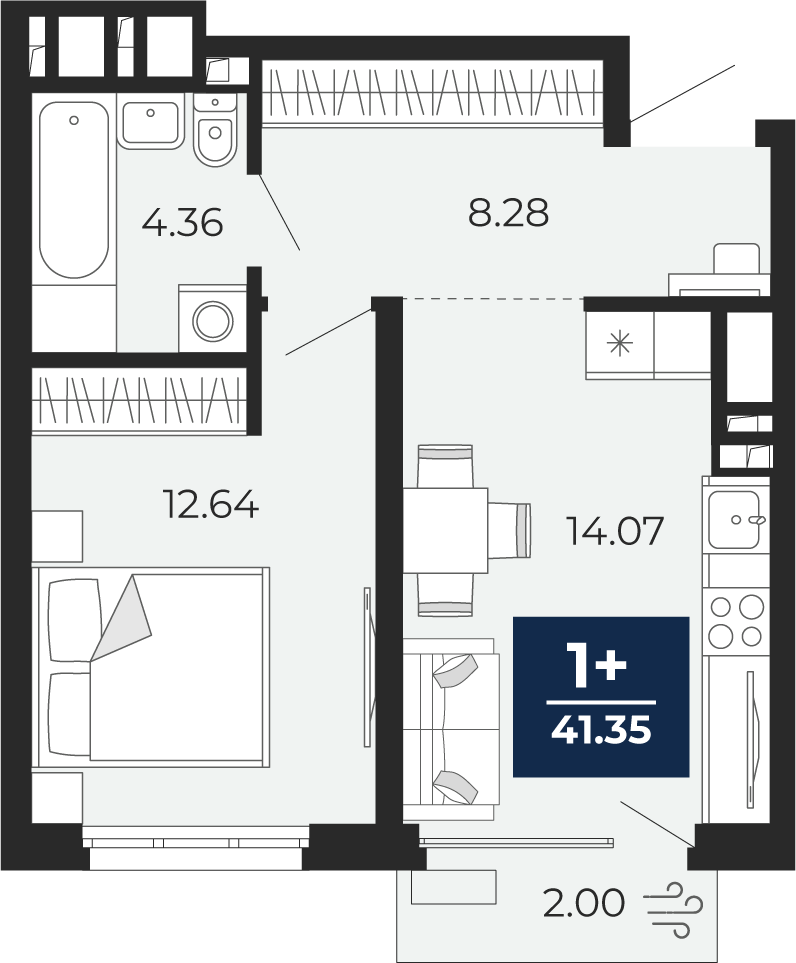 Планировка: Евродвушка 41.4 м² в ЖК Беринг, Лесобаза