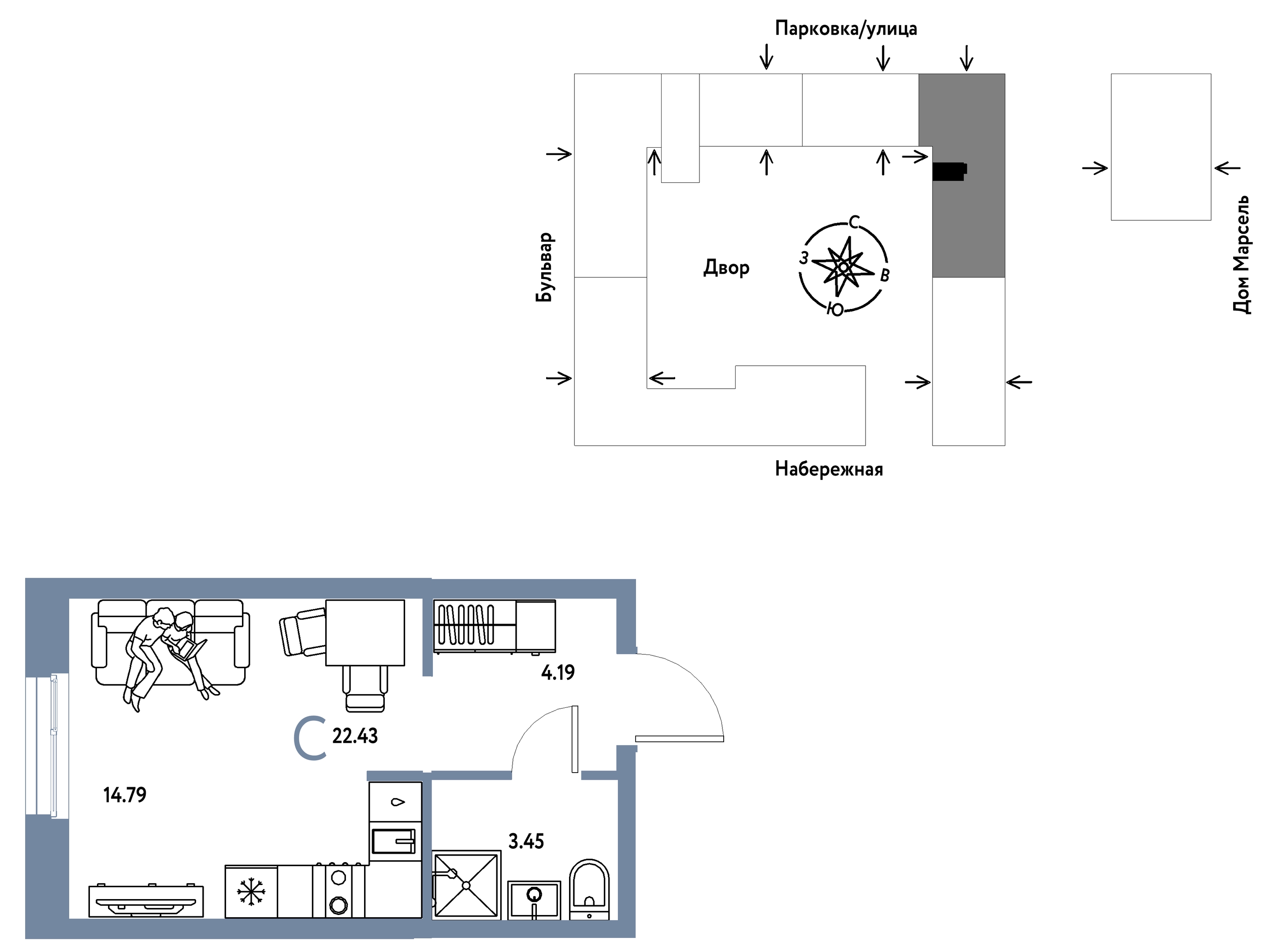 Планировка: Студия 22.4 м² в ЖК Европейский берег 2.0, Европейский