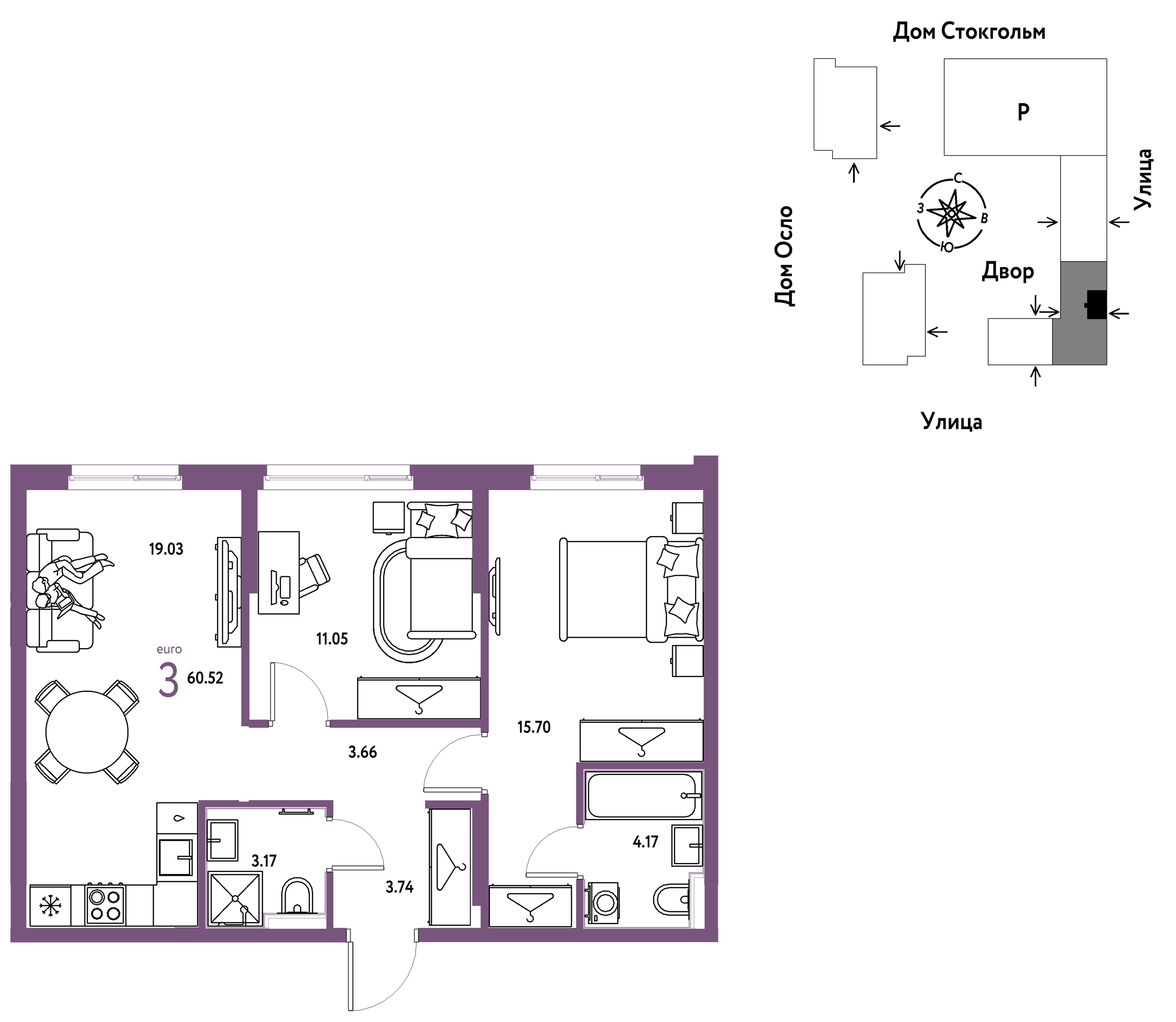 Планировка: Евротрешка 60.5 м² в ЖК Европейский берег 2.0, Европейский