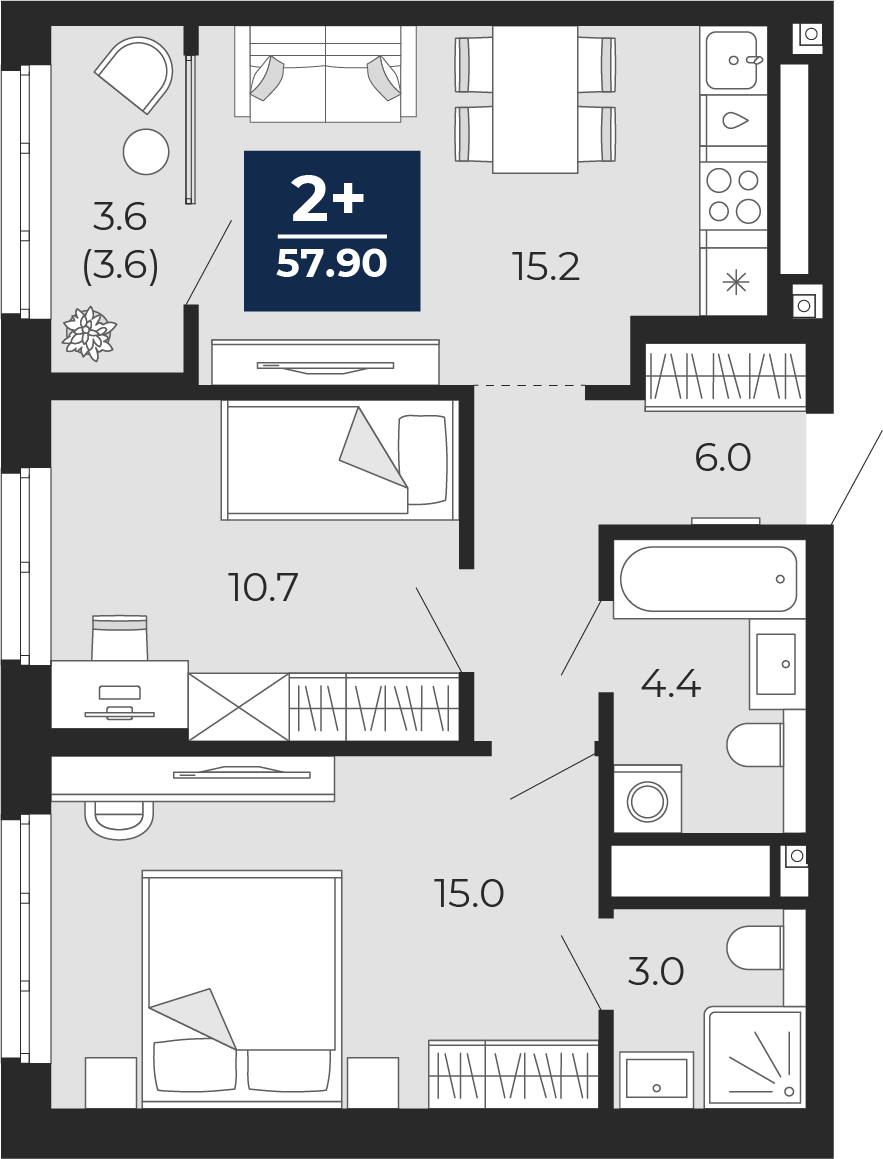 Планировка: Евротрешка 57.9 м² в ЖК Мириады, Мыс