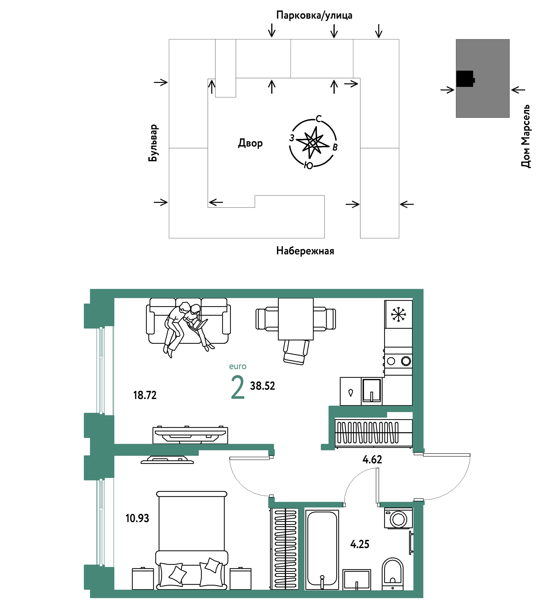 Планировка: Евродвушка 38.5 м² в ЖК Европейский берег 2.0, Европейский