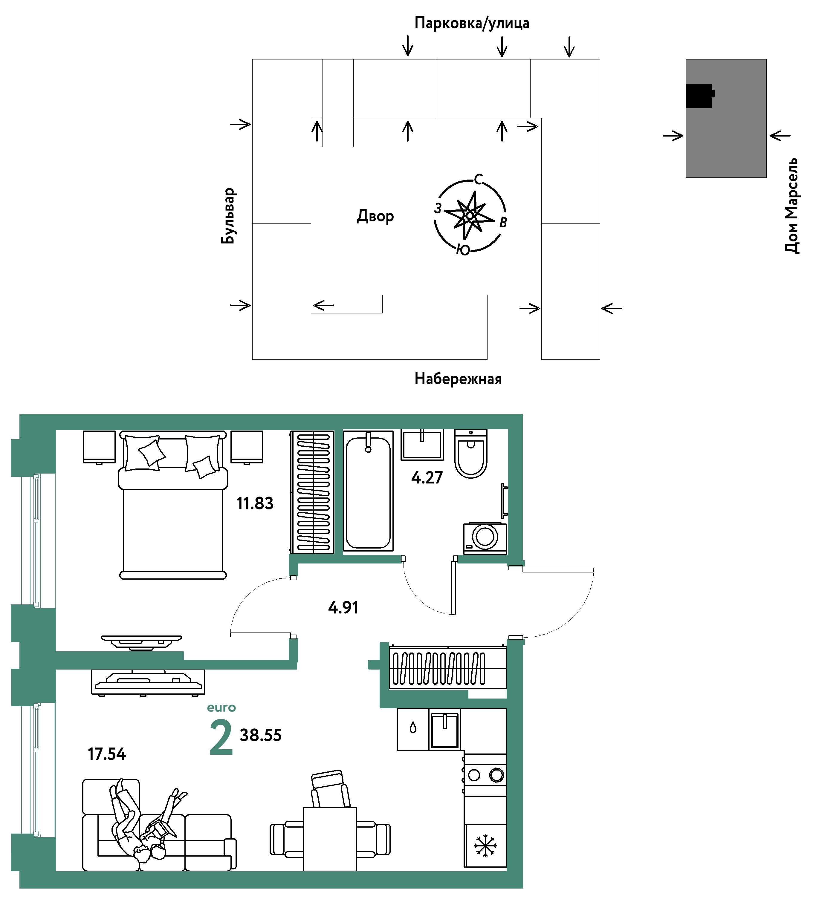 Планировка: Евродвушка 38.5 м² в ЖК Европейский берег 2.0, Европейский
