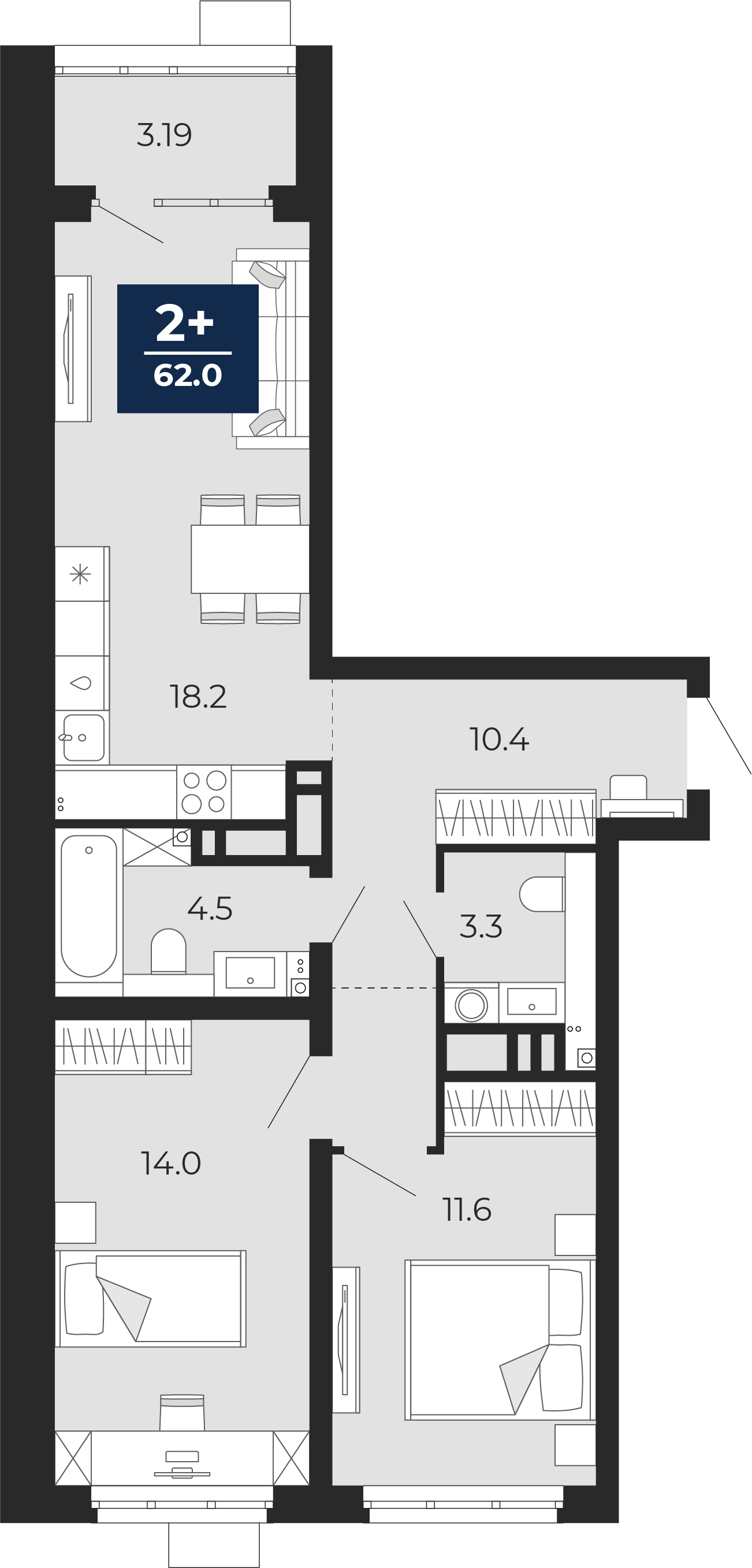 Планировка: Евротрешка 66.4 м² в ЖК Прео, Тюменская слобода