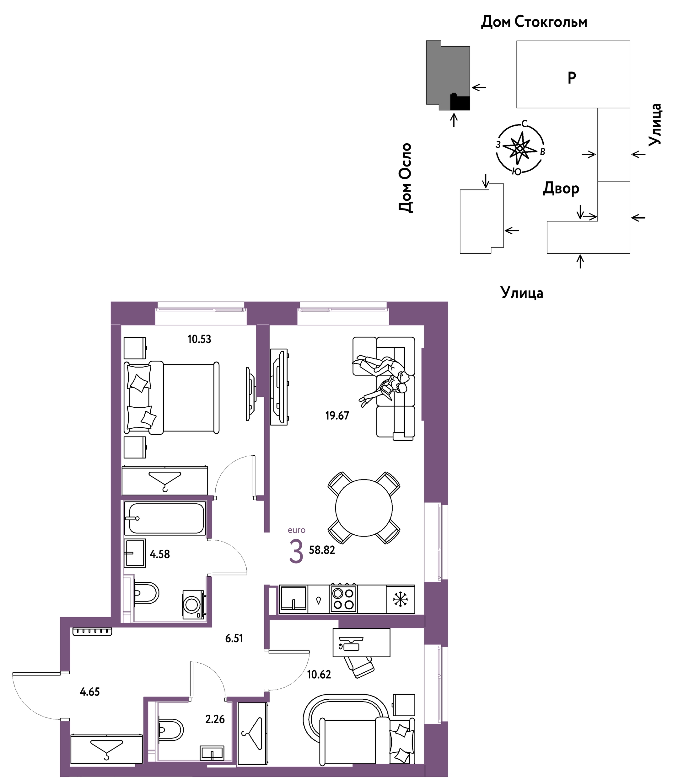Планировка: Евротрешка 58.8 м² в ЖК Европейский берег 2.0, Европейский