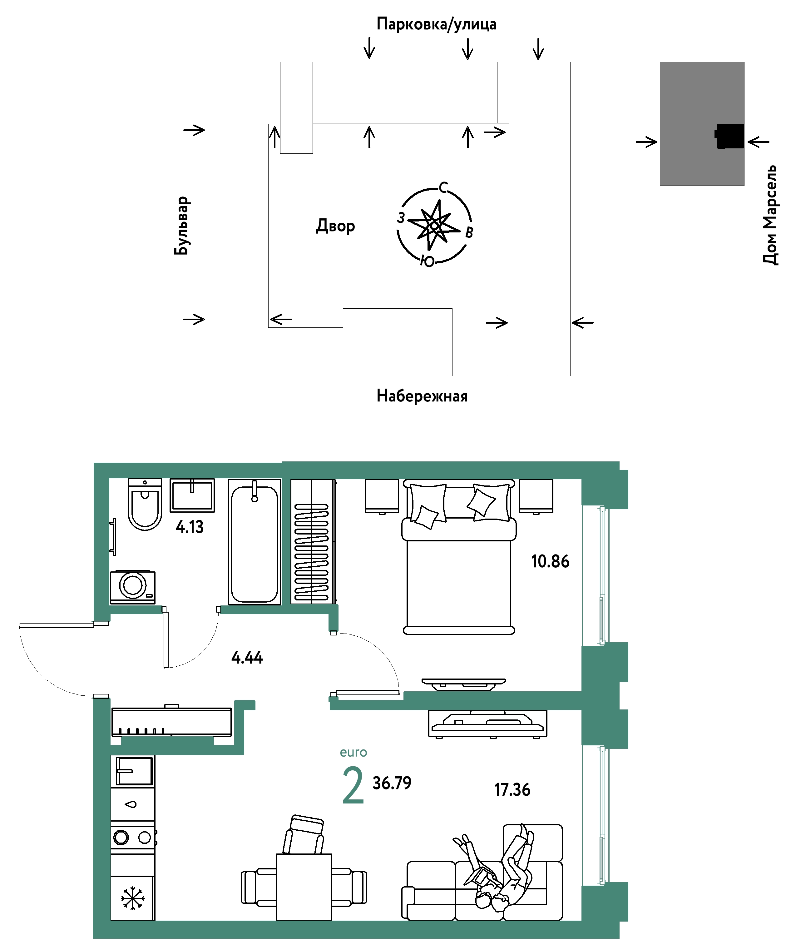Планировка: Евродвушка 36.8 м² в ЖК Европейский берег 2.0, Европейский